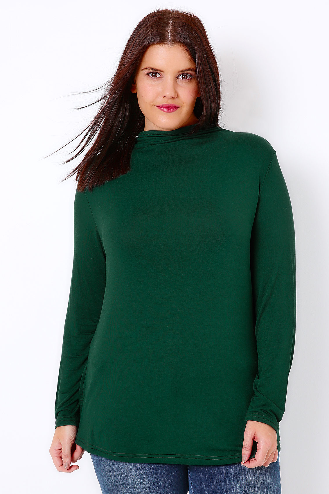 Forest Green Turtle Neck Long Sleeved Soft Touch Jersey Top, Plus Size ...
