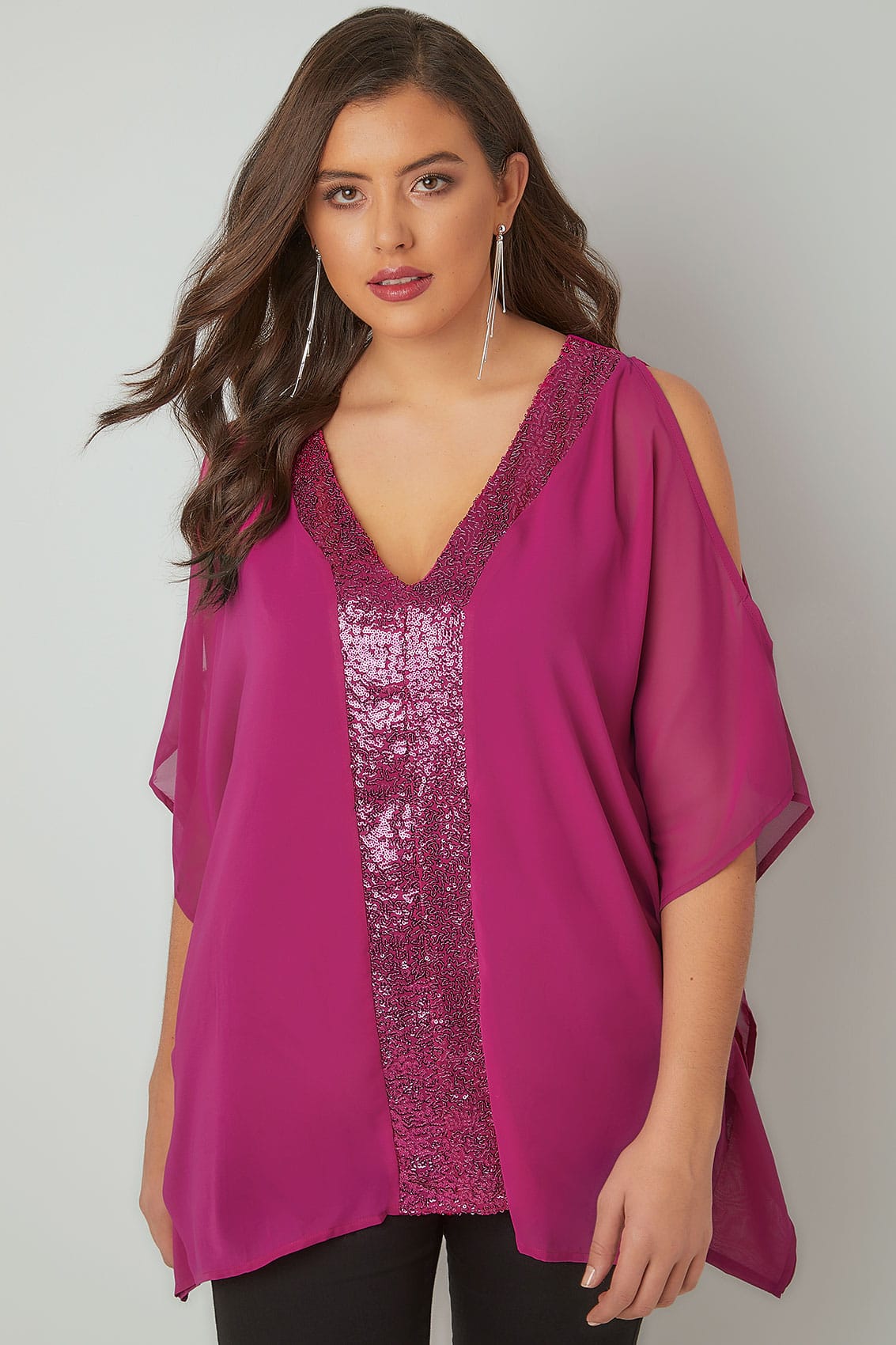 Fuchsia Pink Sequin V-Neck Blouse With Cold Shoulders, Plus size 16 to 32