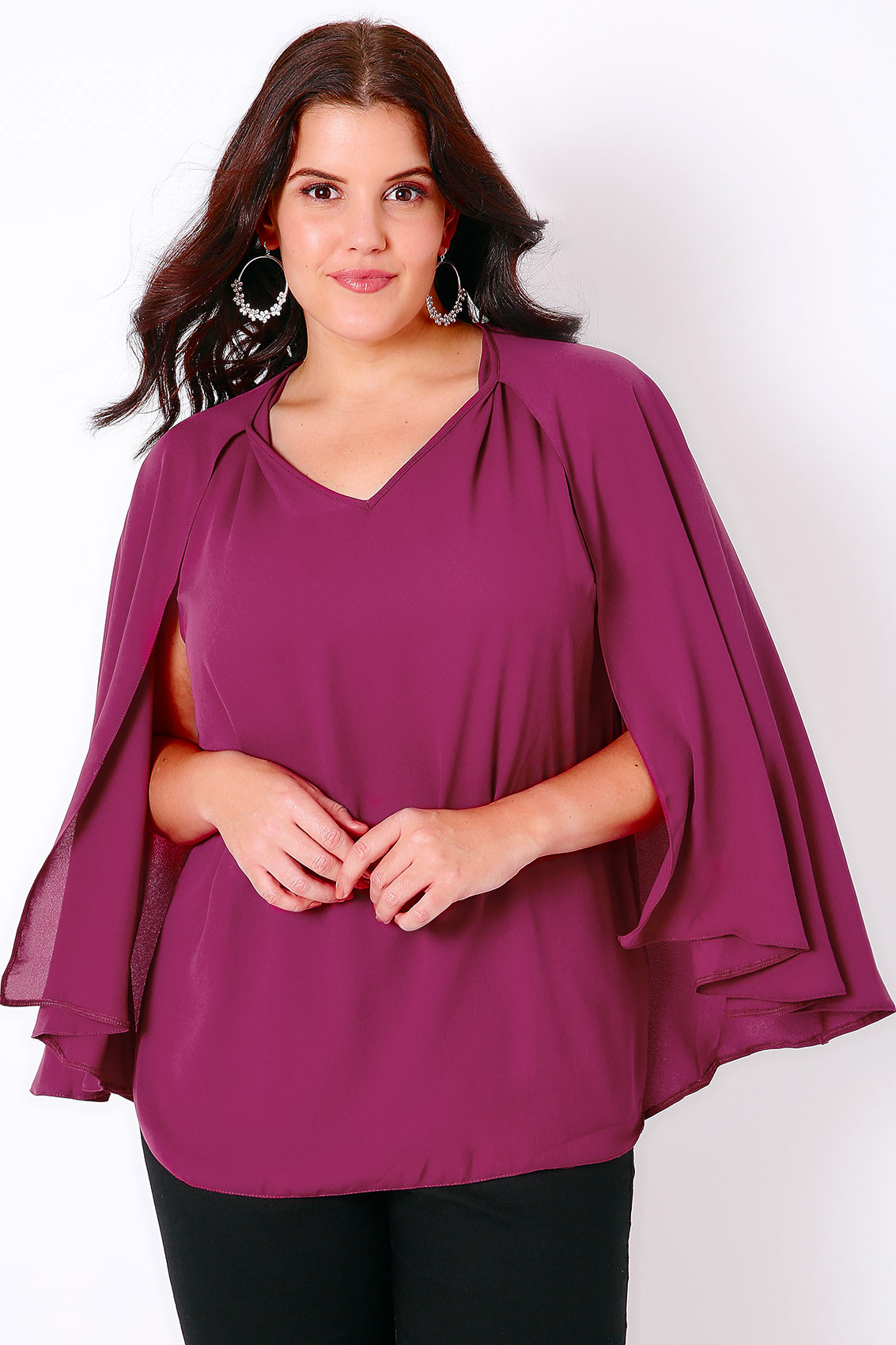 Fuchsia Pink Woven Sleeveless Top With V-Neck & Cape Detail, Plus Size ...