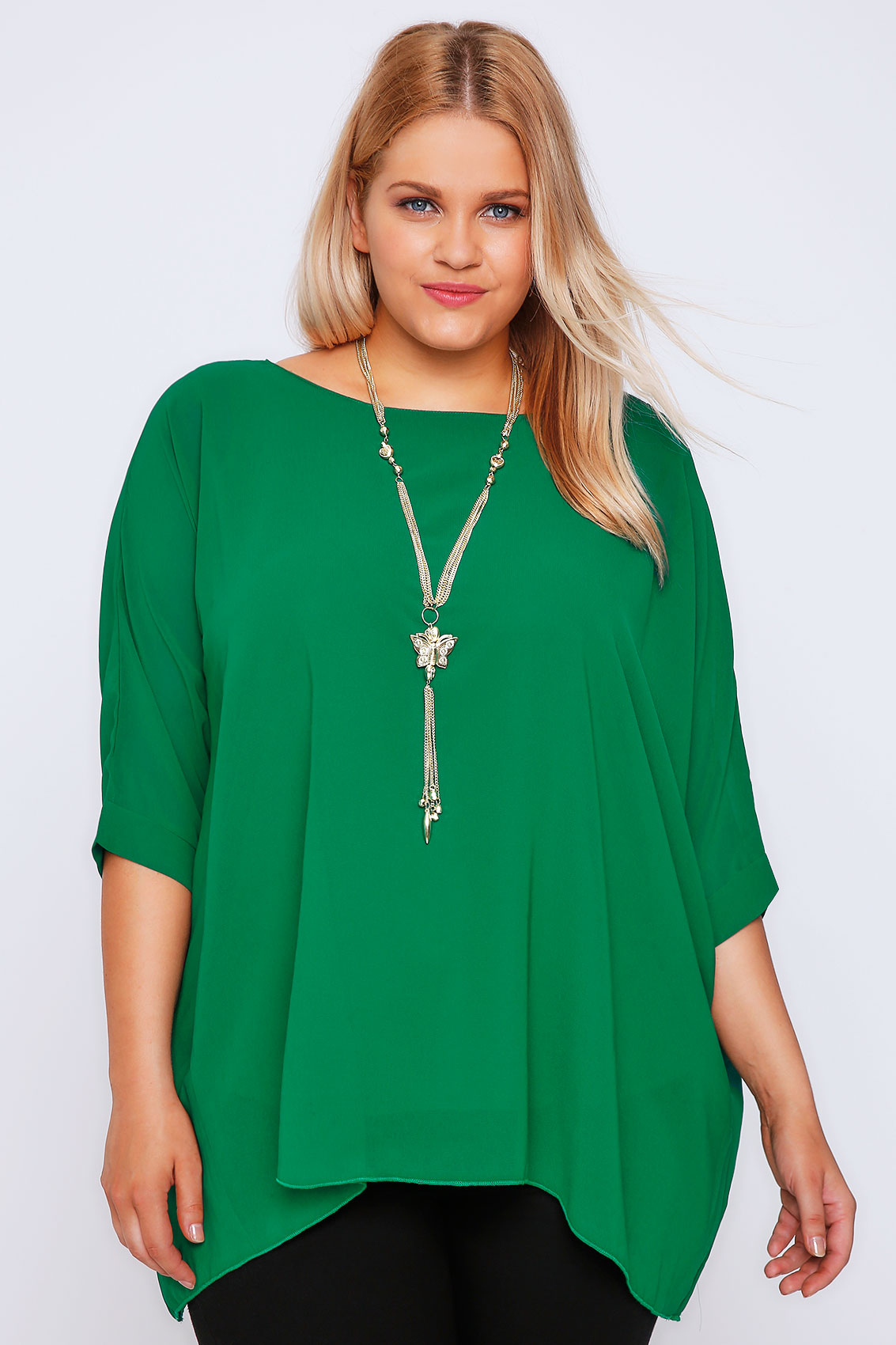 Green Batwing Sleeve Chiffon Top With Necklace Plus Size 16 to 32