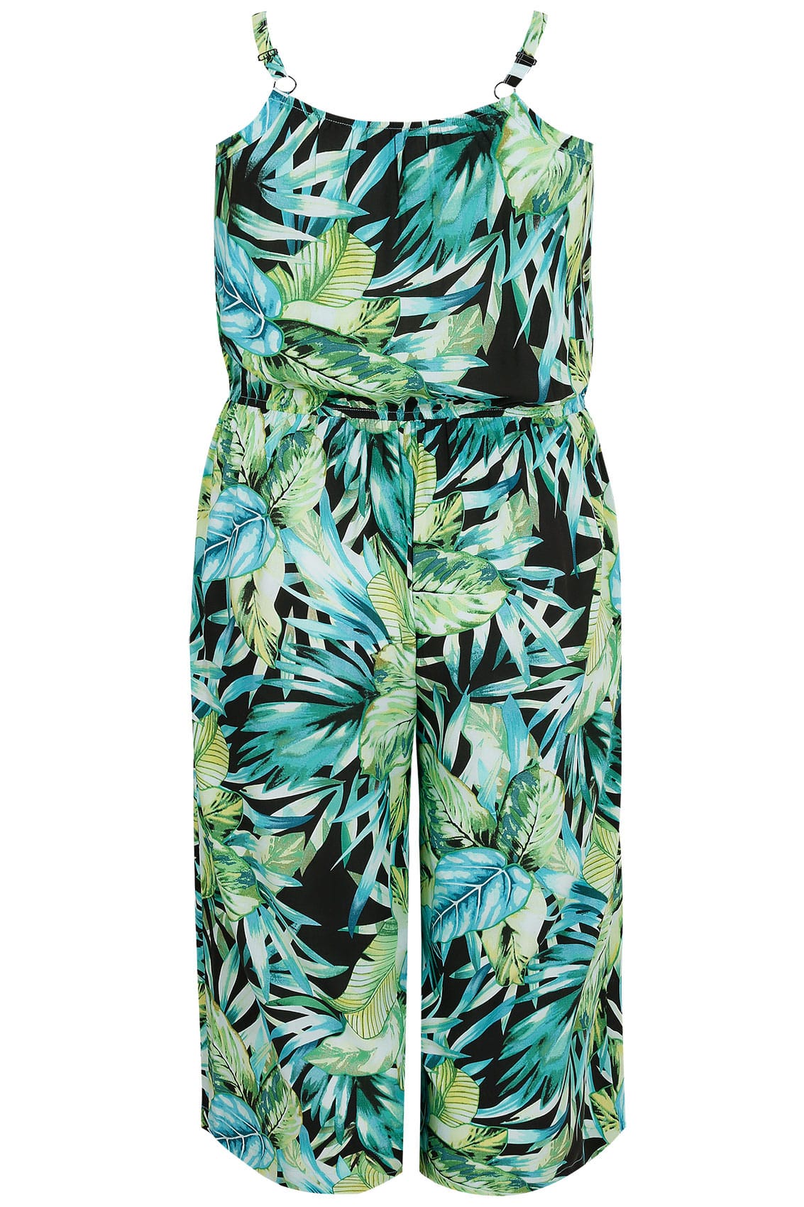 Green & Black Tropical Palm Print Jumpsuit With Pockets plus size 16 to 32