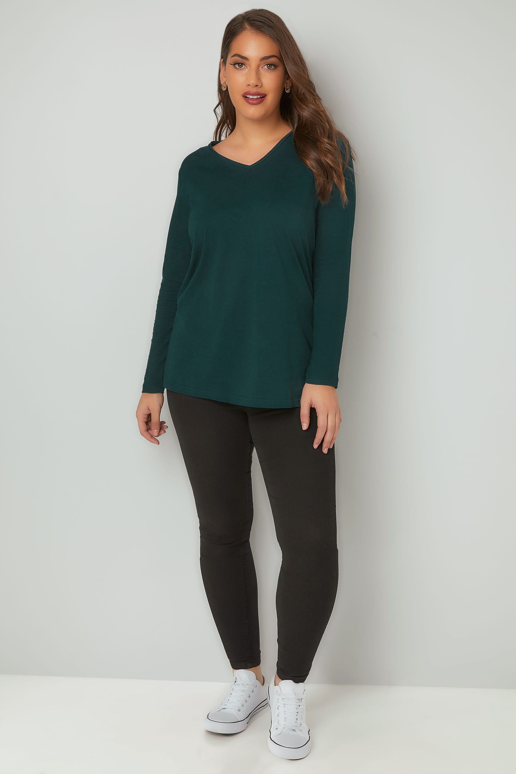 Green Long Sleeved V-Neck Jersey Top, Plus size 16 to 36