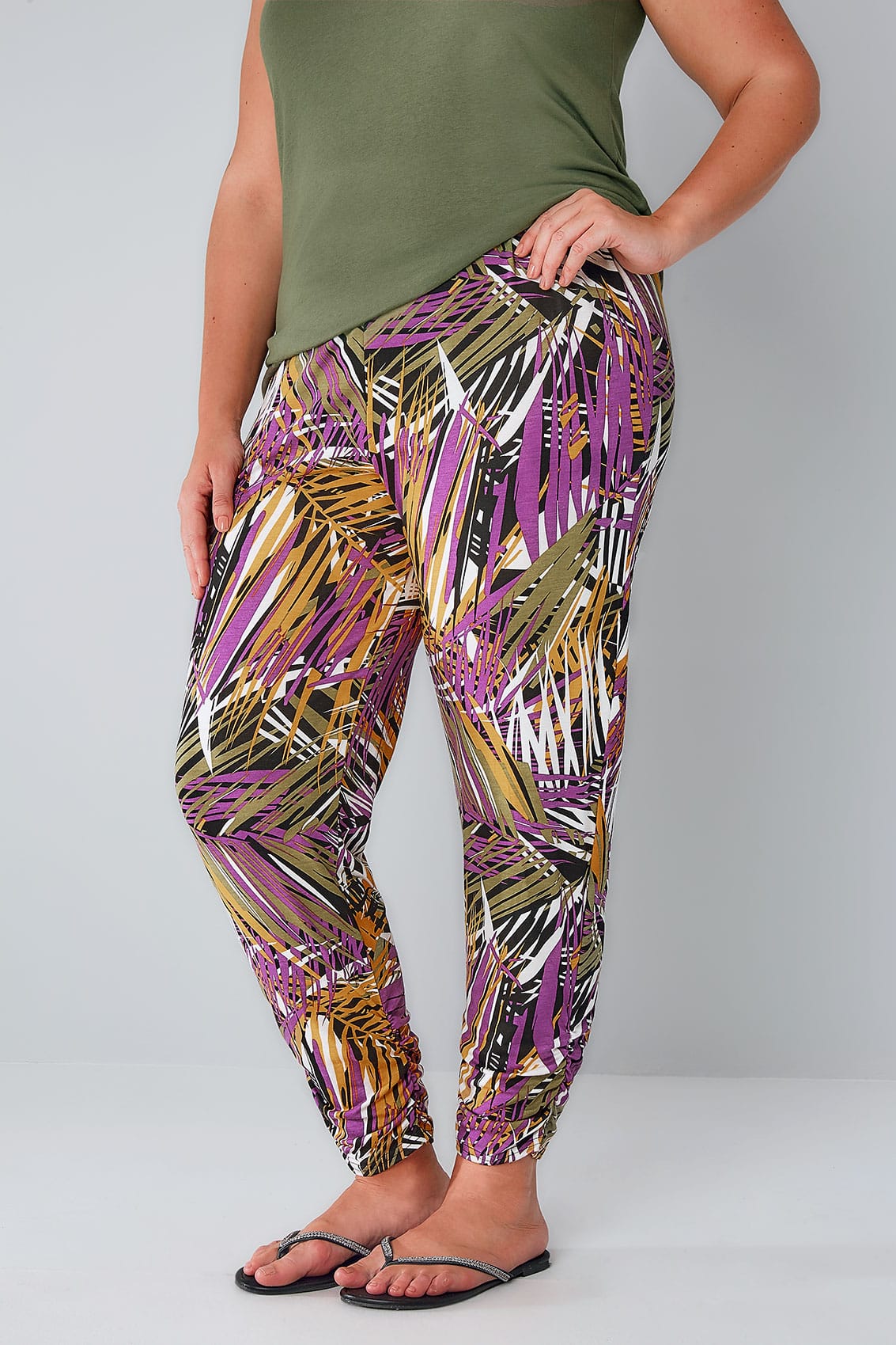 Green & Multi Palm Print Harem Trousers, Plus size 16 to 36