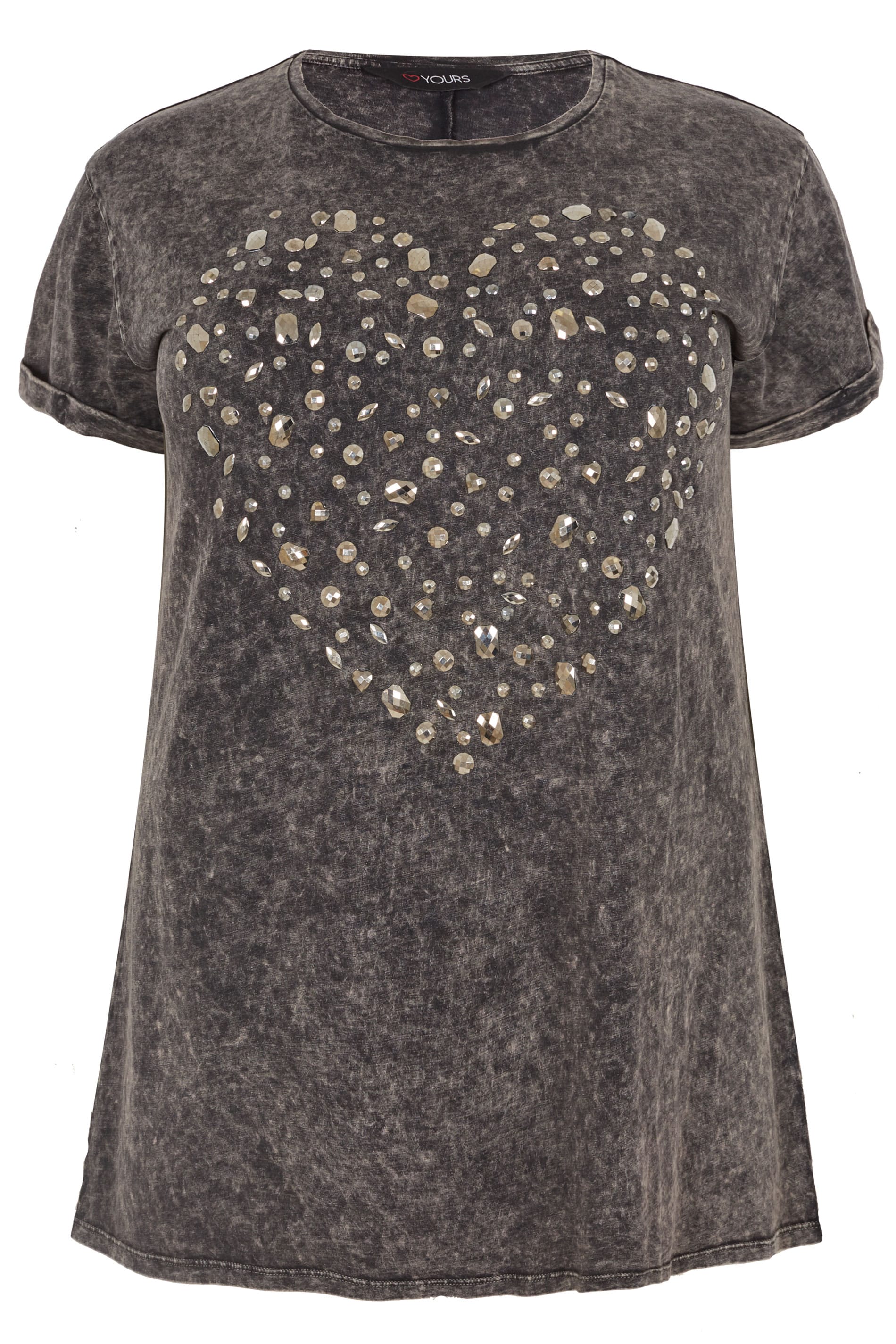 Grey Acid Wash Embellished TShirt, Plus size 16 to 36