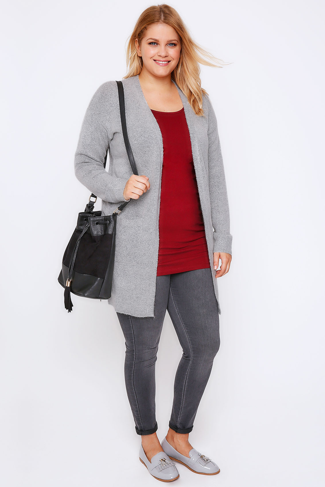 Grey Boucle Longline Cardigan With Pockets Plus Size 16 18 20 22 24 26