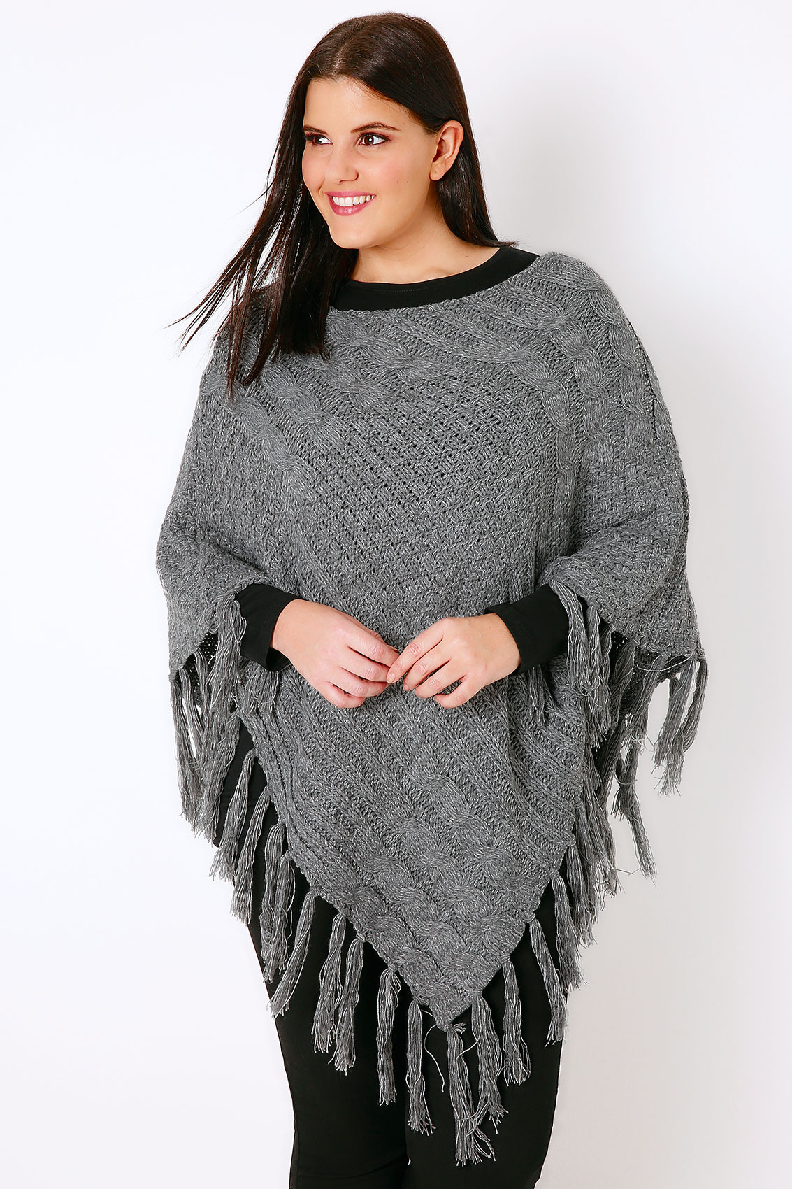 Grey Cable Knitted Poncho With Tassels, Plus size 16 to 32
