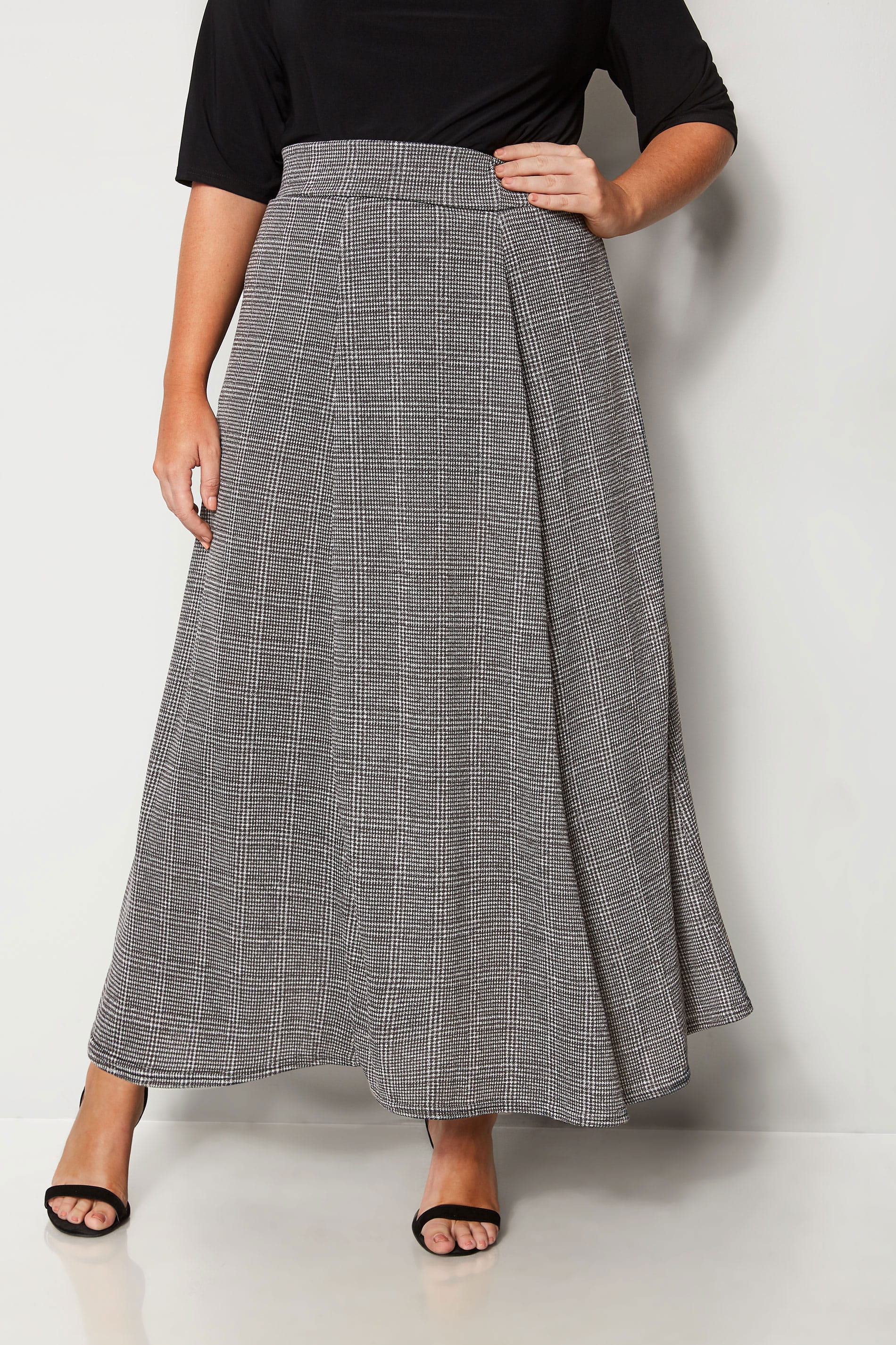 Grey Checked Maxi Skirt, plus size 16 to 36