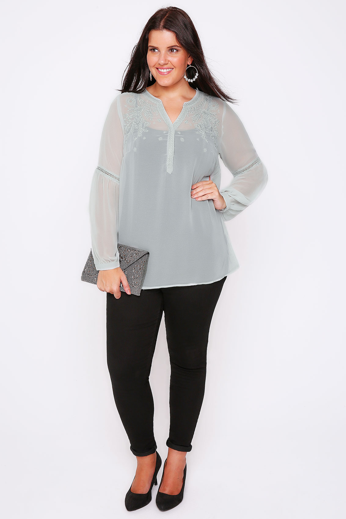 Grey Chiffon Embroidered Blouse With Crochet Detail Bell Sleeves Plus ...