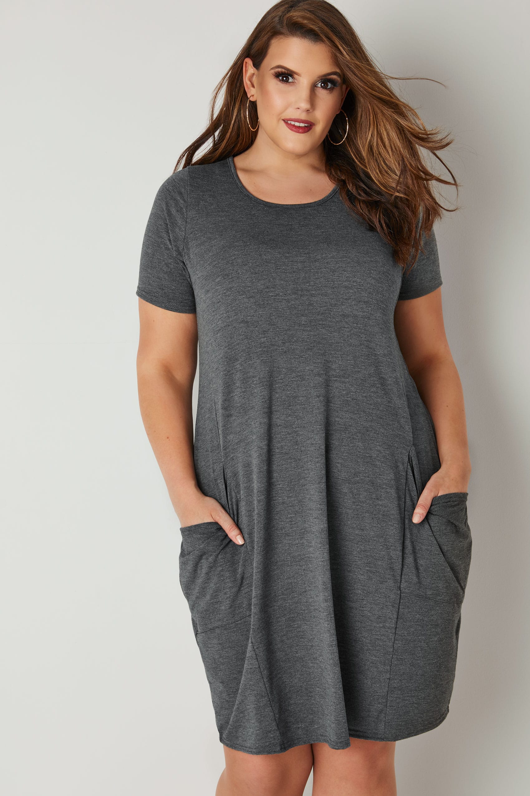 Grey Draped Pocket Jersey Dress, plus size 16 to 36