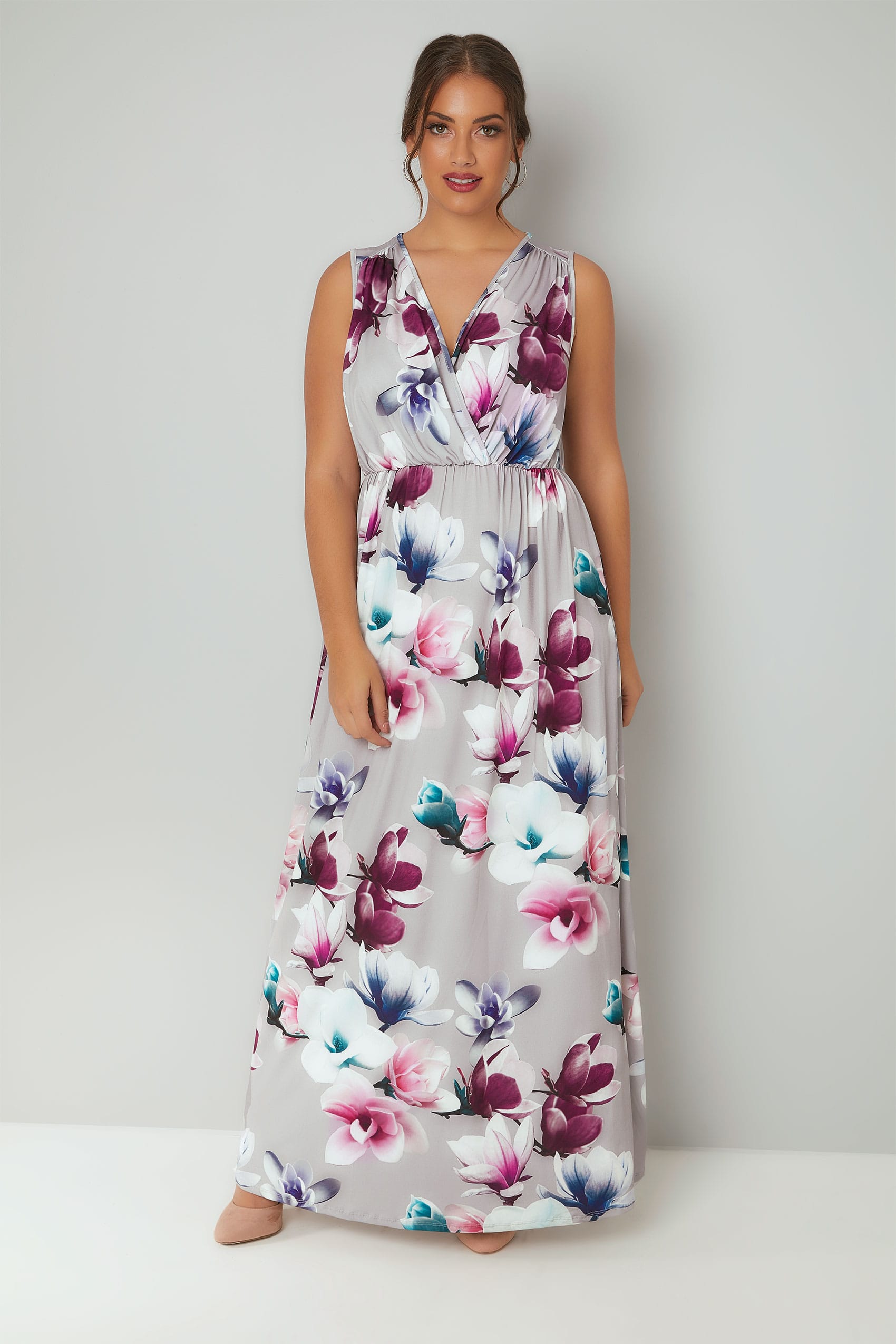 Grey Floral Print Slinky Stretch Maxi Dress With Wrap Front plus size ...