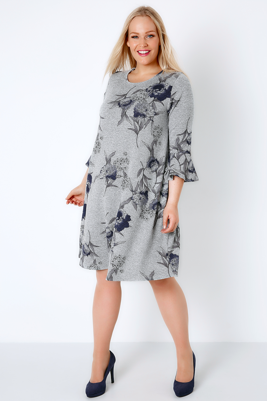 Grey Marl & Blue Floral Print Swing Dress With Flute Sleeves plus size ...