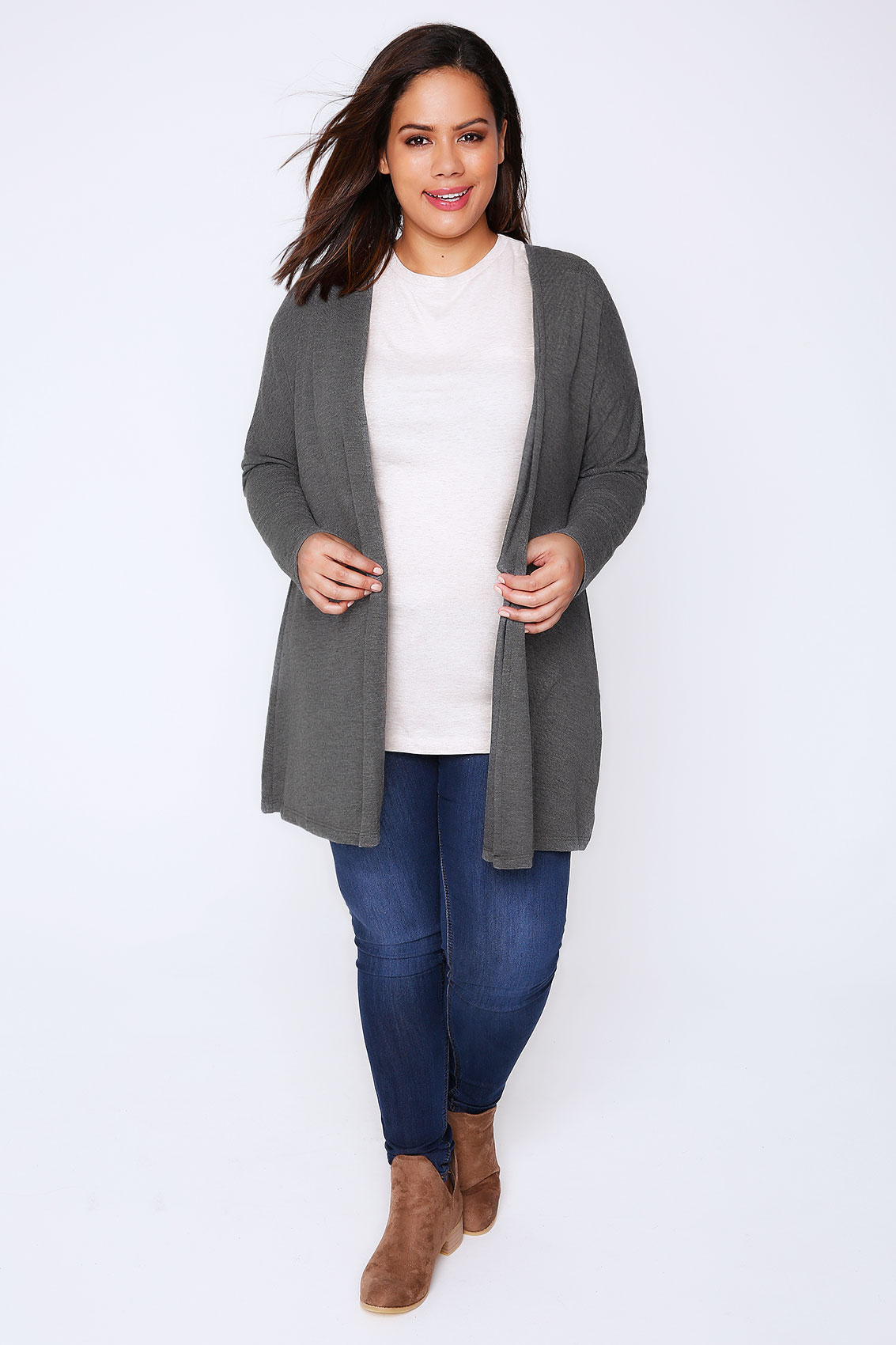 Grey Marl Long Sleeved Soft Knit Cardigan Plus Size 16 to 36