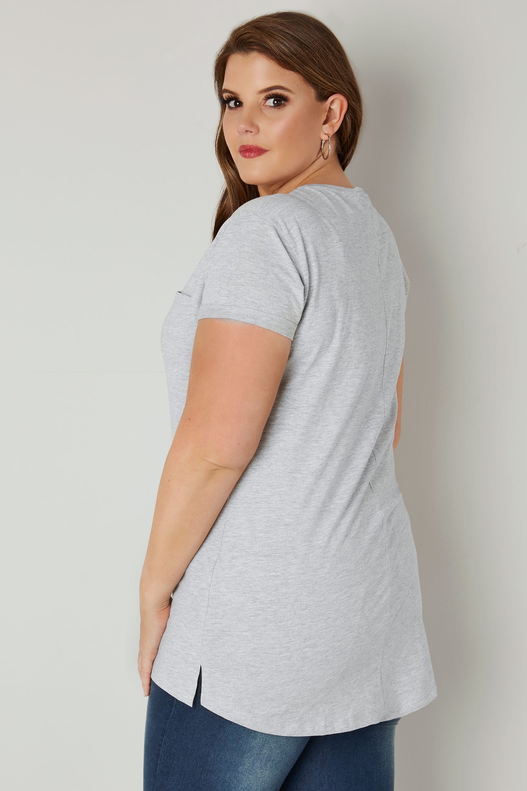 Download Grey Marl Mock Pocket T-Shirt With Curved Hem, Plus size 16 to 36