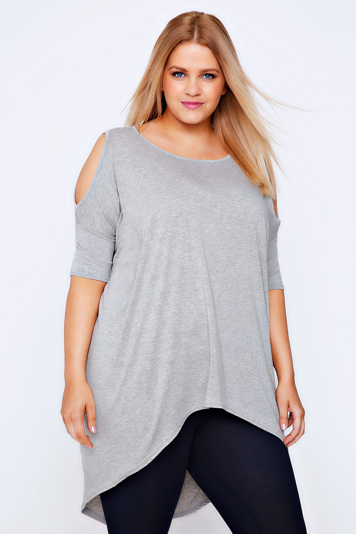 Grey Marl Oversized Top With Cold Shoulder Cut Out & Extreme Dipped Hem ...