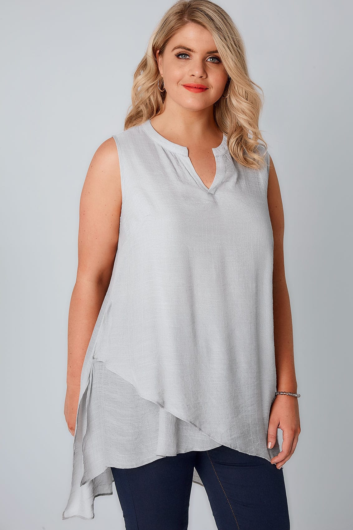 Grey Sleeveless Top With Layered Front, Plus size 16 to 36