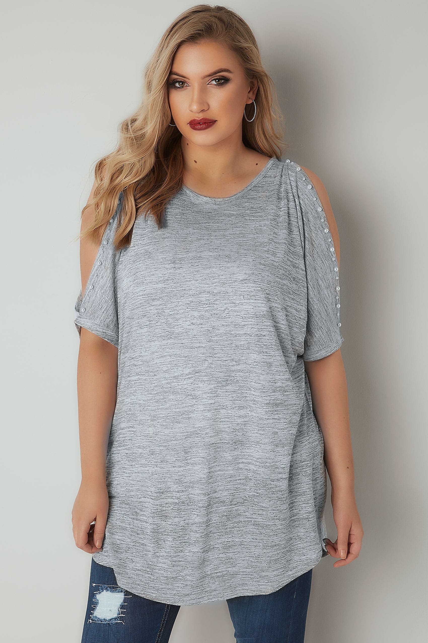 Grey Pearl Embellished Top With Split Sleeves, Plus size 16 to 36