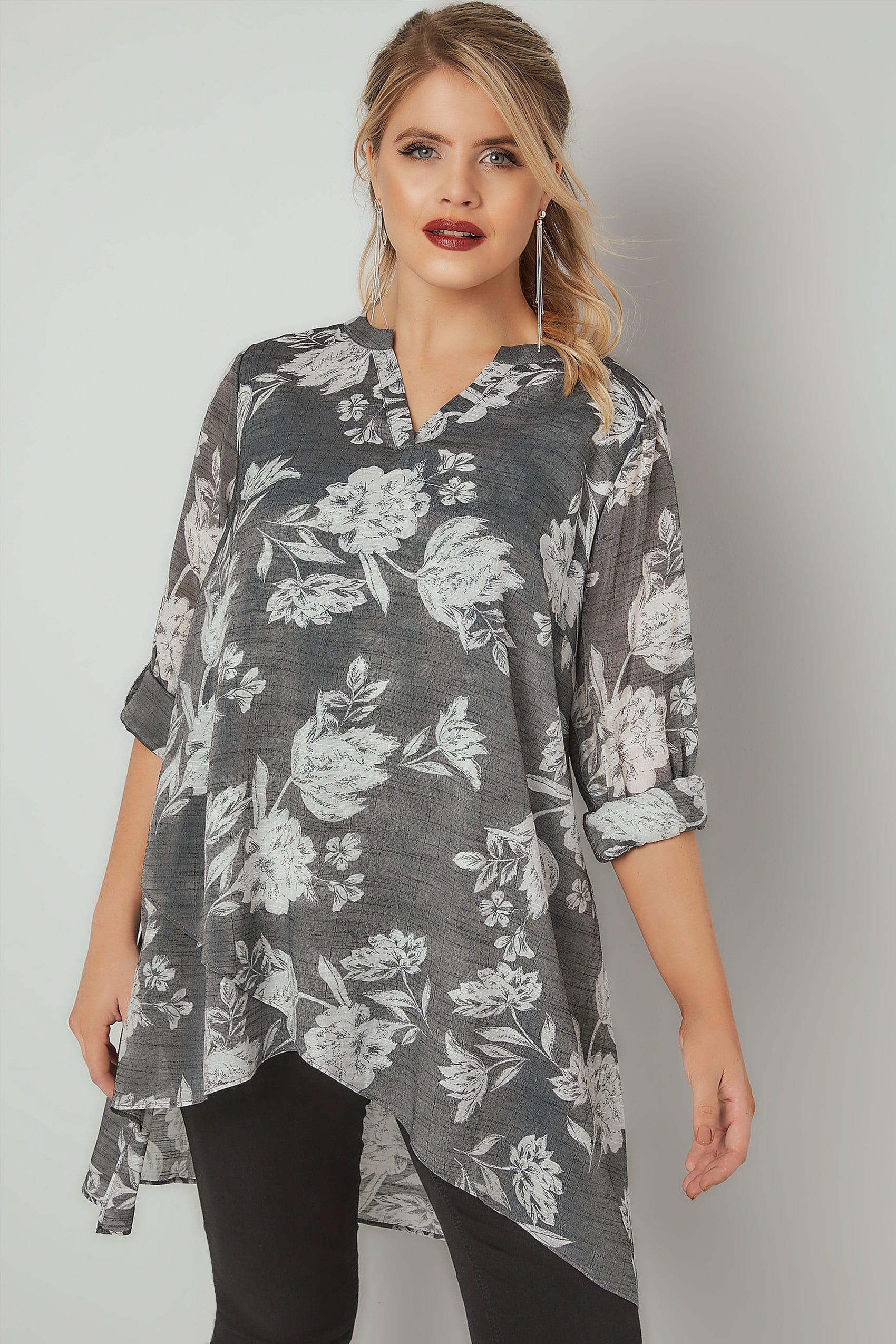 Grey & White Floral Print Layered Blouse With Notch Neck & Dipped Hem ...