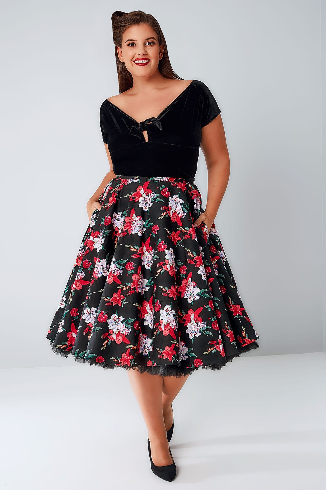 HELL BUNNY Black & Multi Bright Floral Print Liliana Skirt, Plus size ...