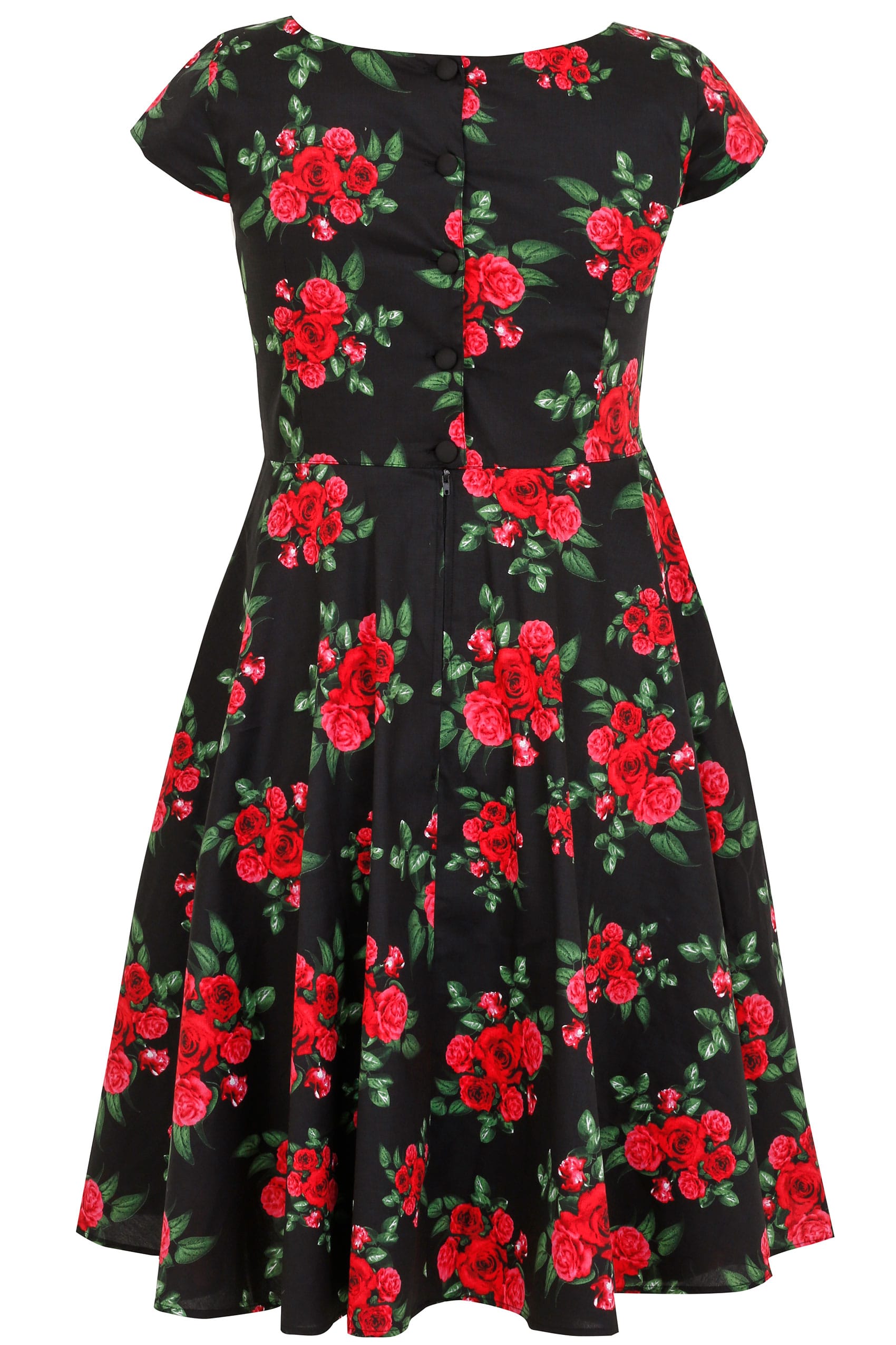 HELL BUNNY Black & Red Rose Print 50s Style Midi Dress plus size 16 to 32