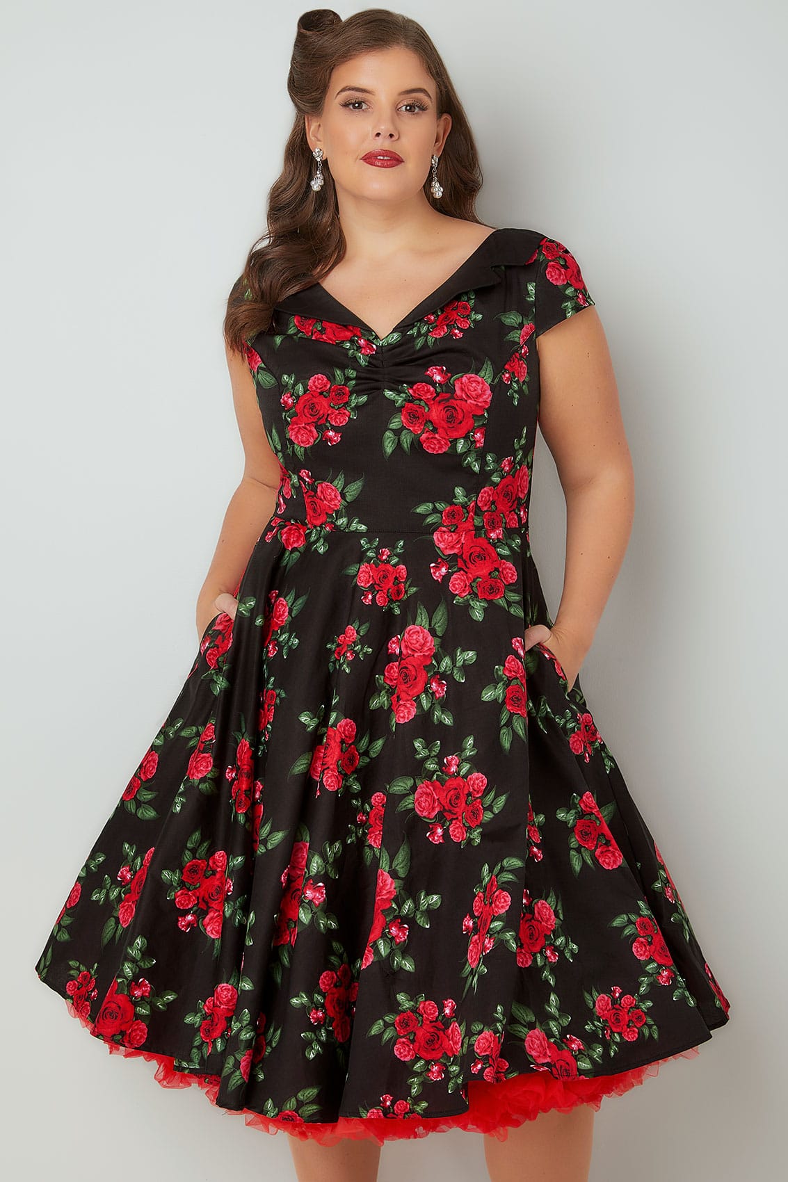 HELL BUNNY Black & Red Rose Print 50s Style Midi Dress plus size 16 to 32