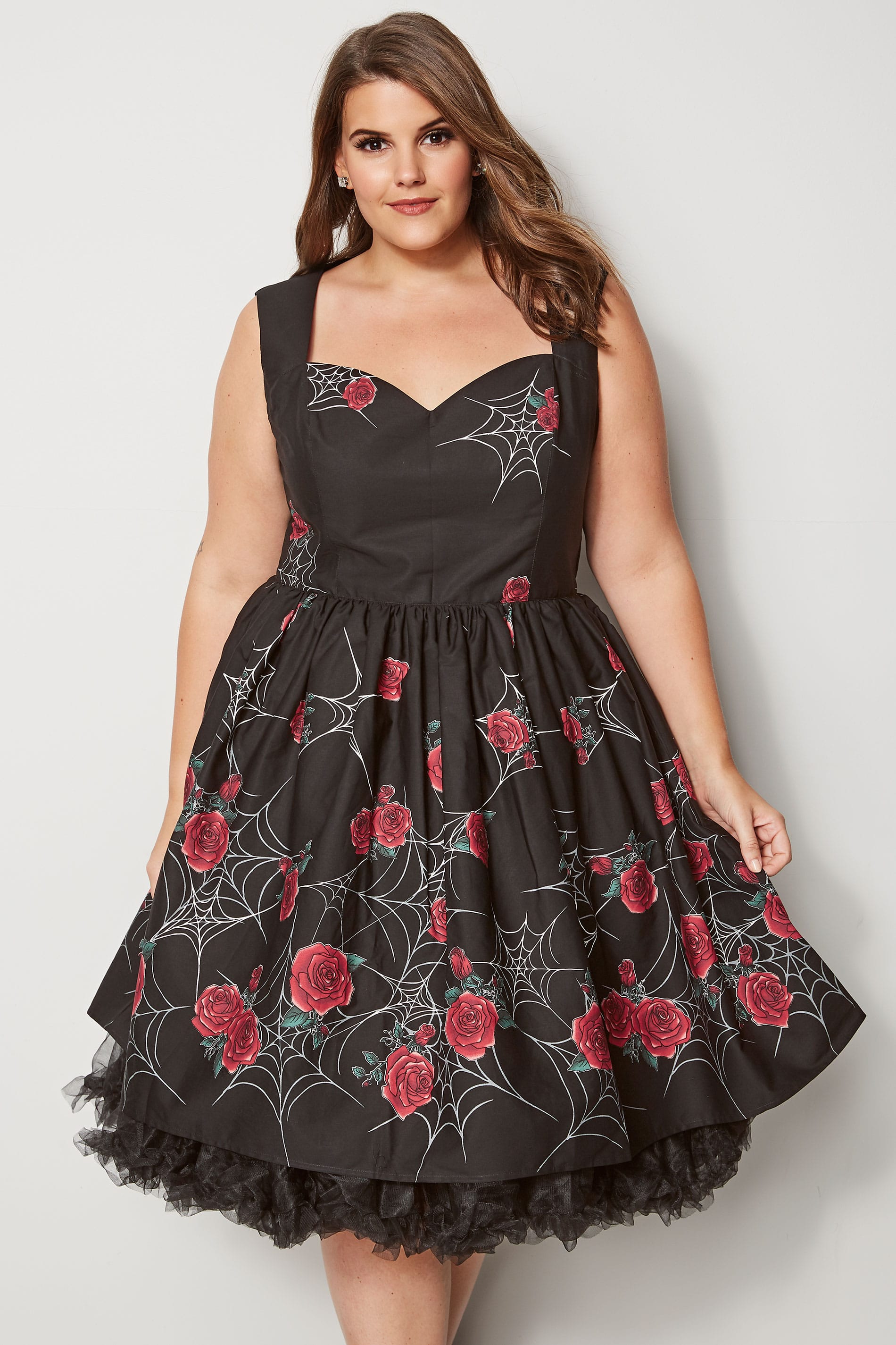 HELL BUNNY Black Rose & Cobweb Print Sabrina Dress, plus size 16 to 32