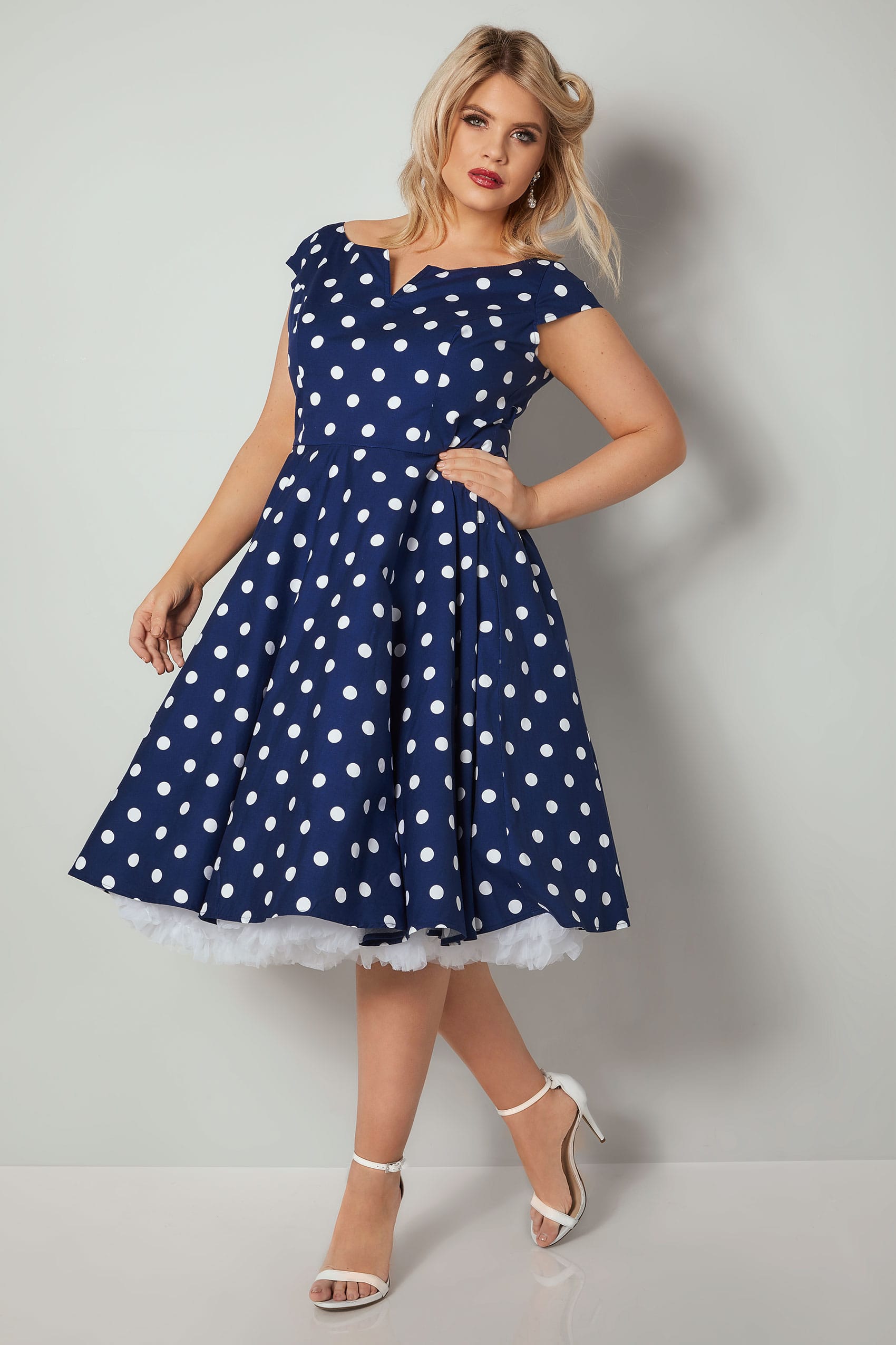 HELL BUNNY Blue & White Polka Dot Nicky Skater Dress, Plus size 16 to 32