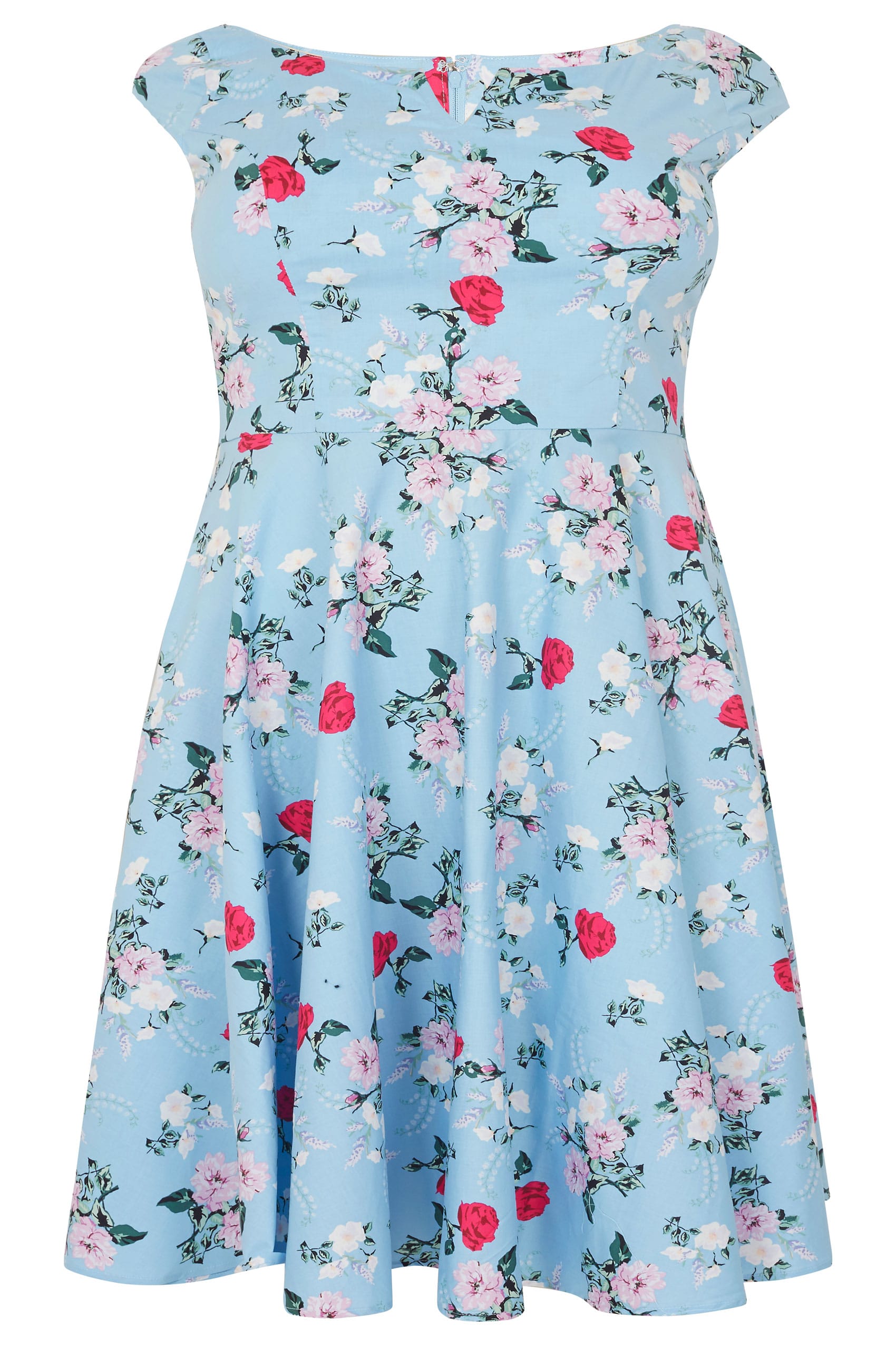 HELL BUNNY Light Blue Floral Print Belina Midi Dress, plus size 16 to 32