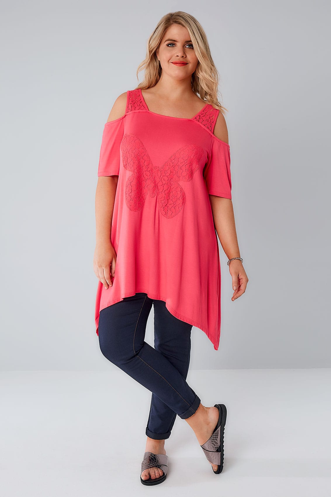 Hot Pink Bardot Jersey Top With Lace Butterfly Panel & Lace Straps plus ...