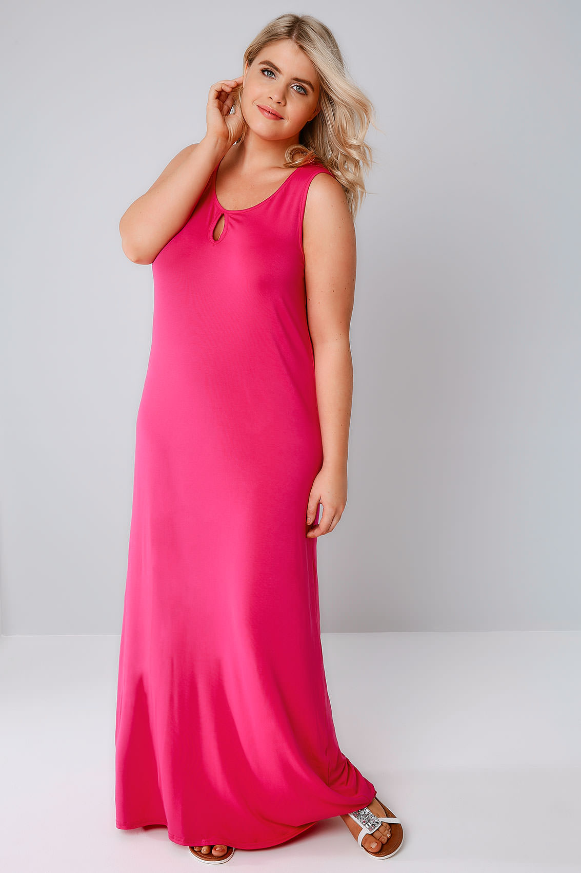 Hot Pink Jersey Maxi Dress With Keyhole Detail, Plus size 16 to 36