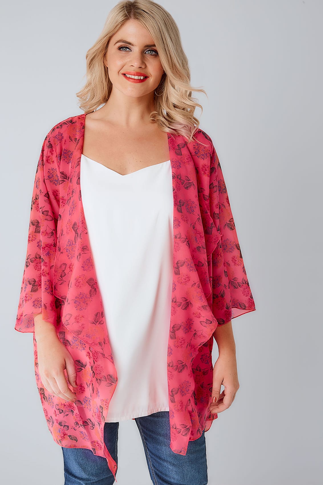 Hot Pink And Multi Floral Print Chiffon Kimono With Waterfall Front Plus Size 16 To 32 2417