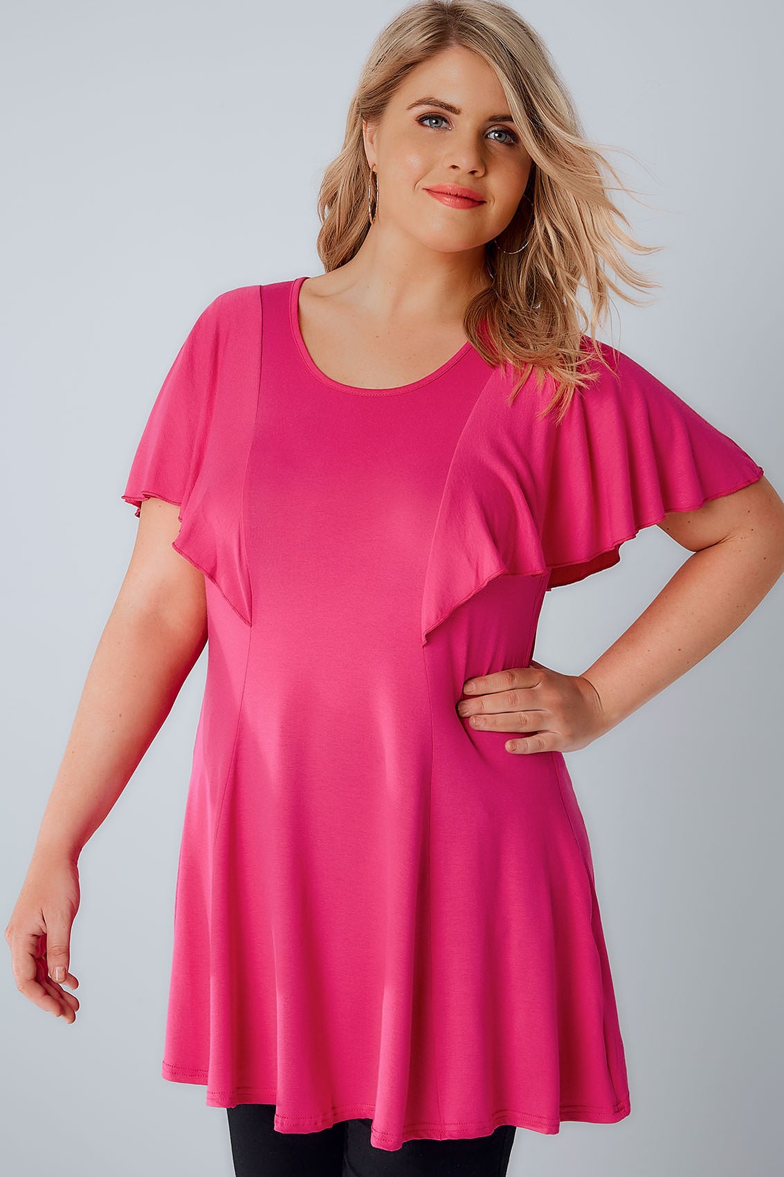 Hot Pink Peplum Top With Frill Angel Sleeves, Plus size 16 to 36