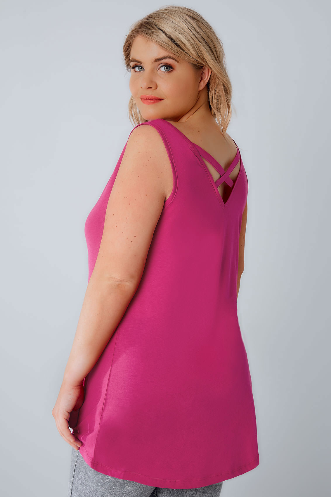 Hot Pink V-Neck Vest Top With Cross Back Detail, Plus Size -6504