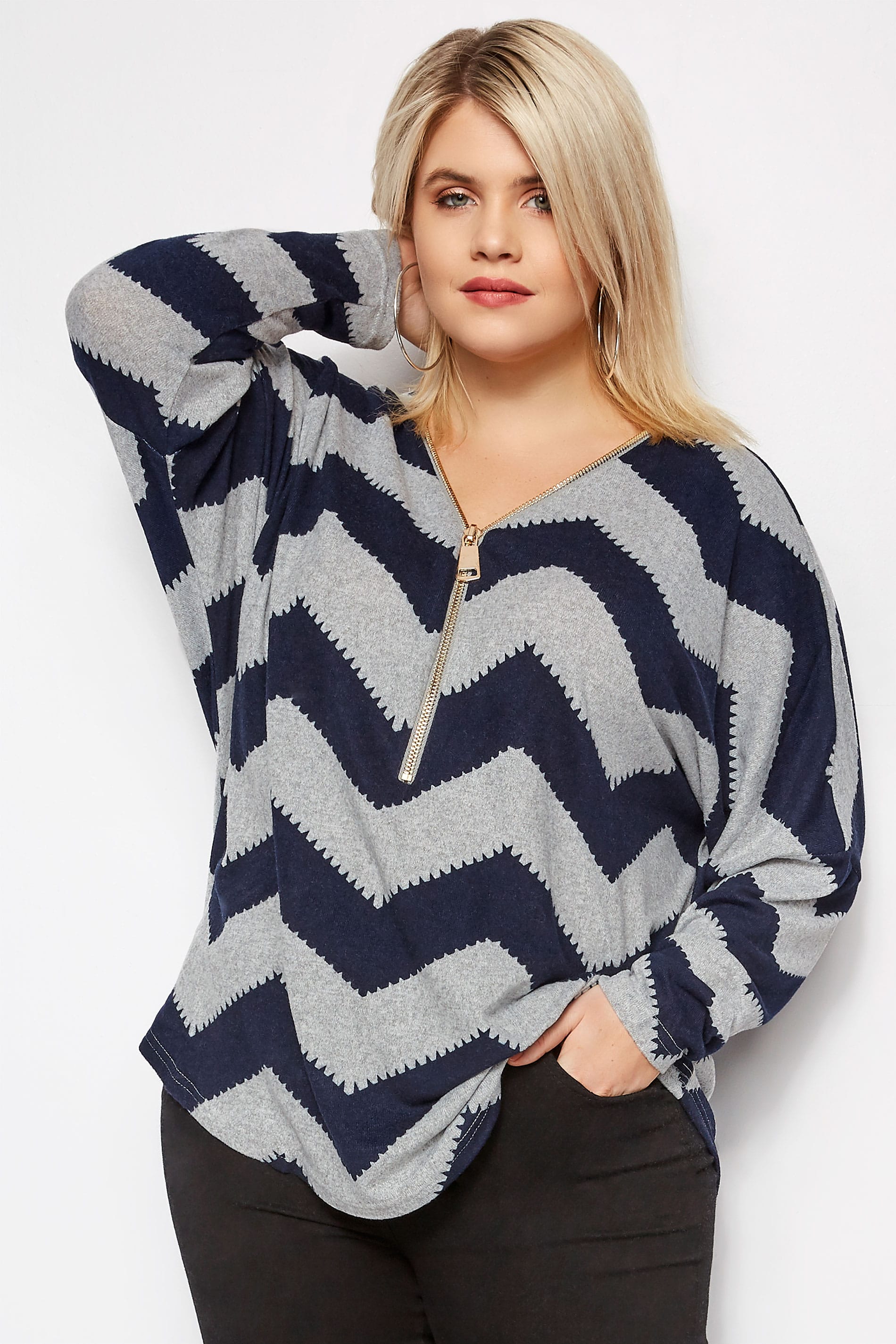 IZABEL CURVE Grey & Navy Knitted Chevron Zip Top, Plus size 16 to 26