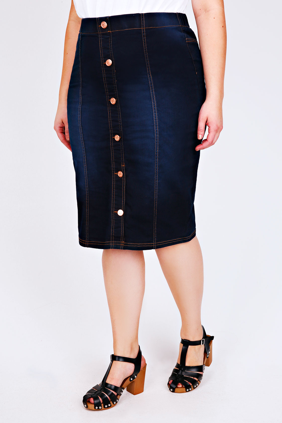 Indigo Blue Denim Button Front Pull On Midi Skirt Plus Size 16 to 28