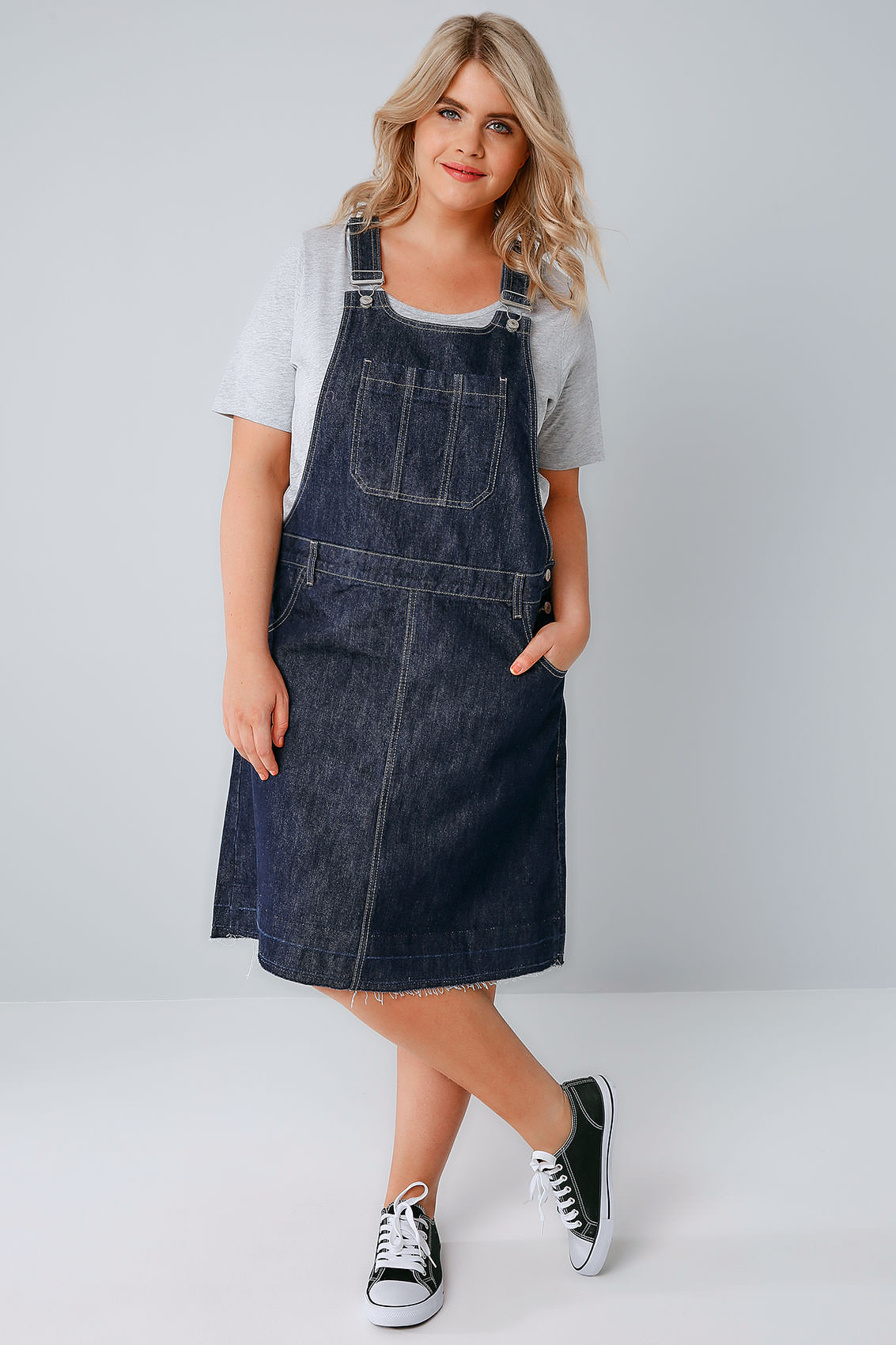 Indigo Blue Denim Dungaree Pinafore Dress With Front Pocket plus size