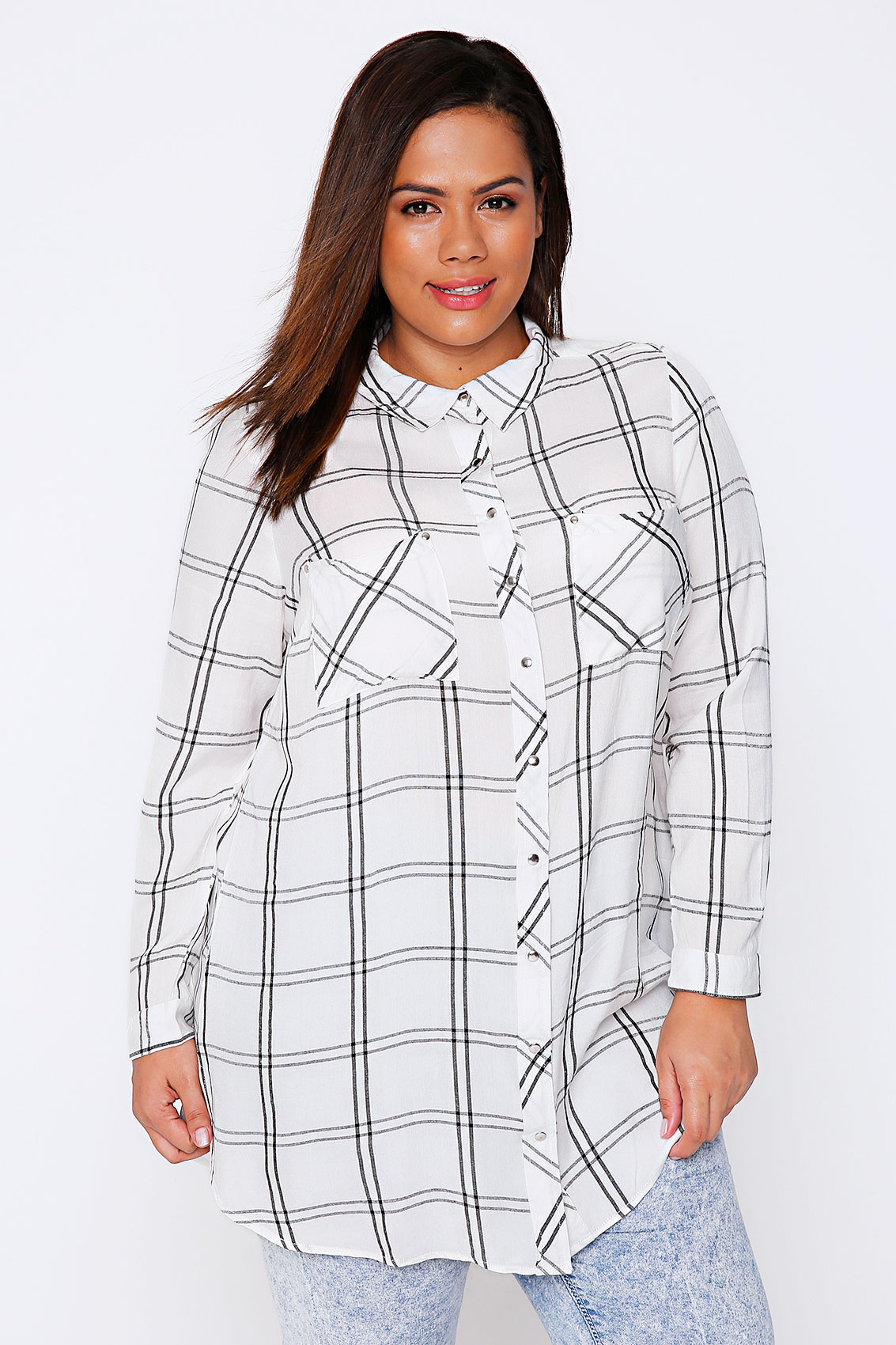 Ivory & Black Checked Boyfriend Shirt With Pockets Plus Size 16 to 32