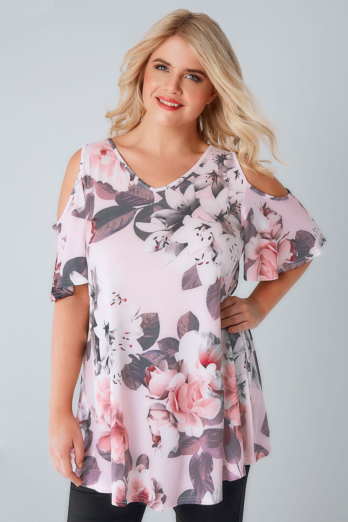 Ivory & Blush Pink Cold Shoulder Rose Print Swing Top, Plus size 16 to 36