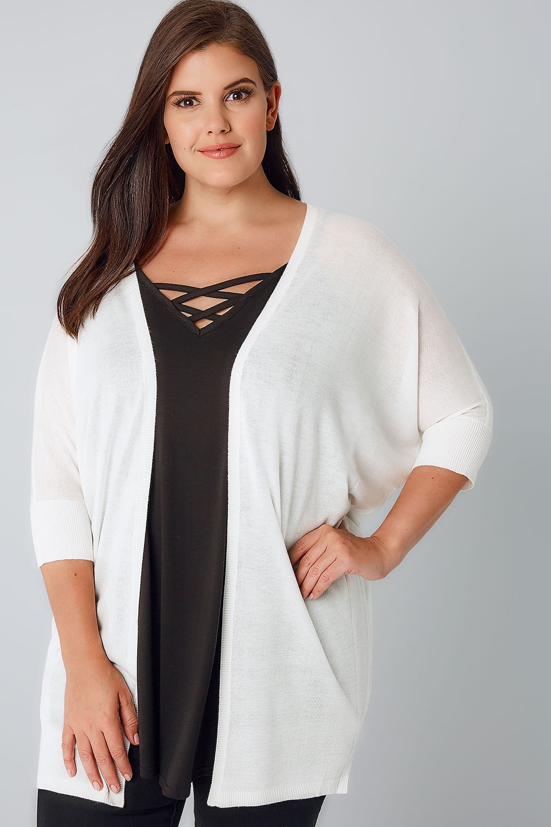 Ivory Fine Knit Cocoon Cardigan With Short Grown On Sleeves, Plus size ...