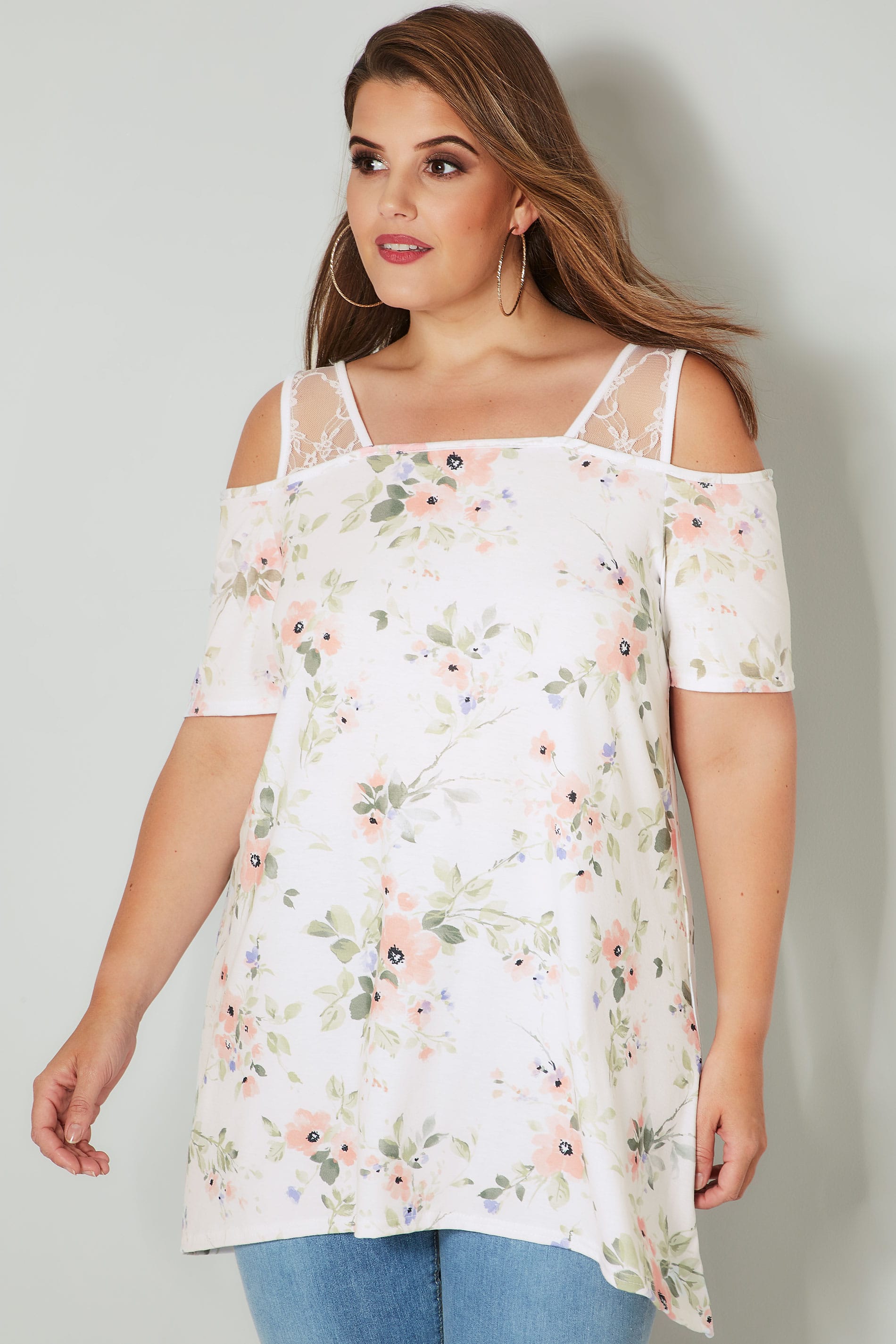 Ivory Floral Lace Cold Shoulder Top, Plus size 16 to 36