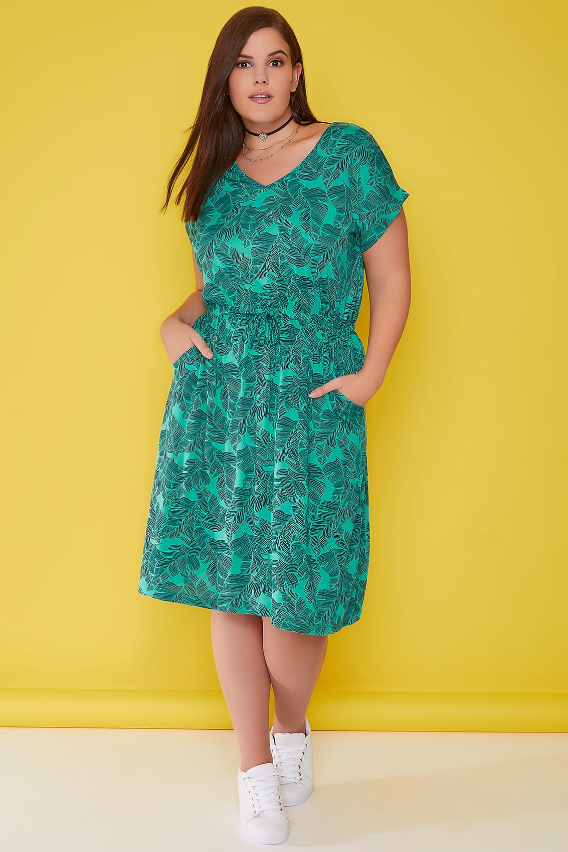 Jade Green Palm Print T-Shirt Dress With Pockets & Elasticated ...