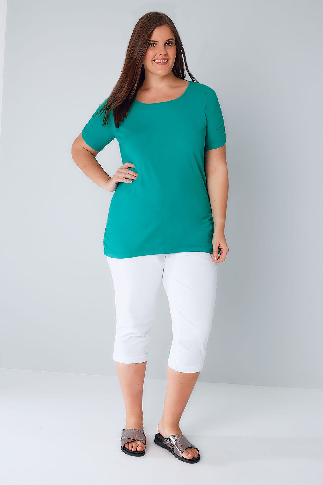 Jade Green T-Shirt With Ruched Short Sleeves, Plus size 16 to 32