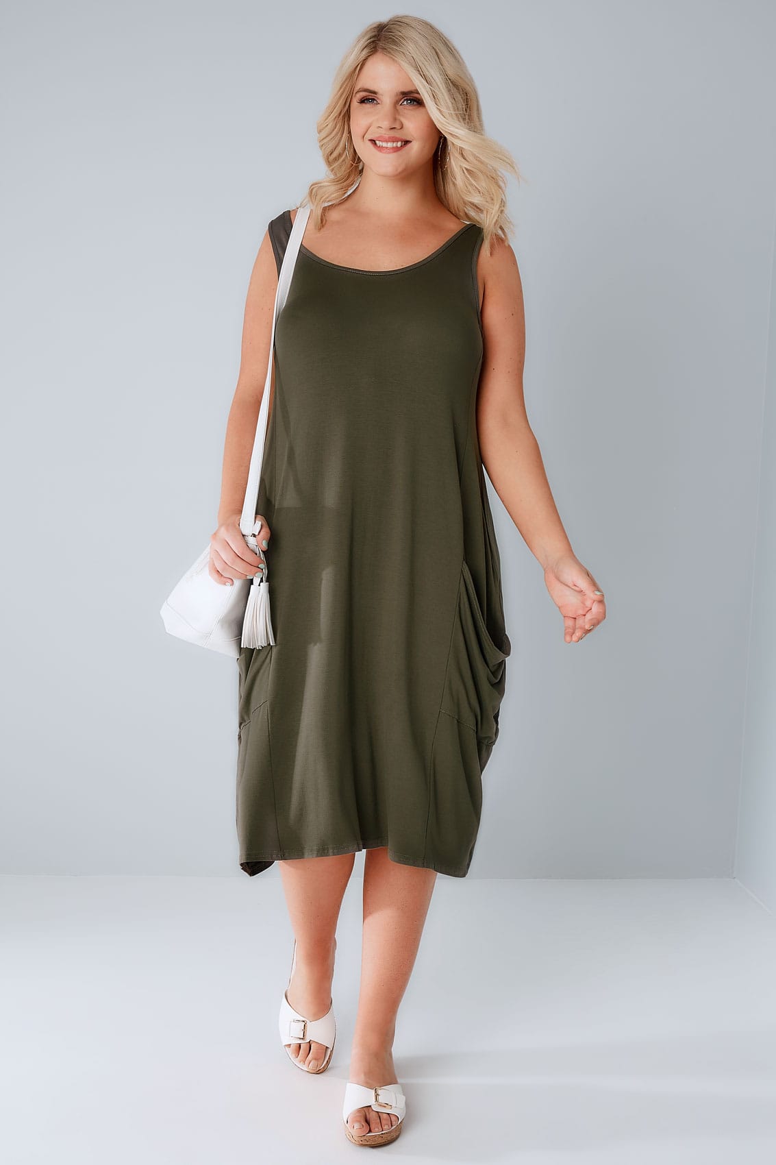 Khaki Drape Pocket Sleeveless Jersey Dress Plus Size 14 to 32