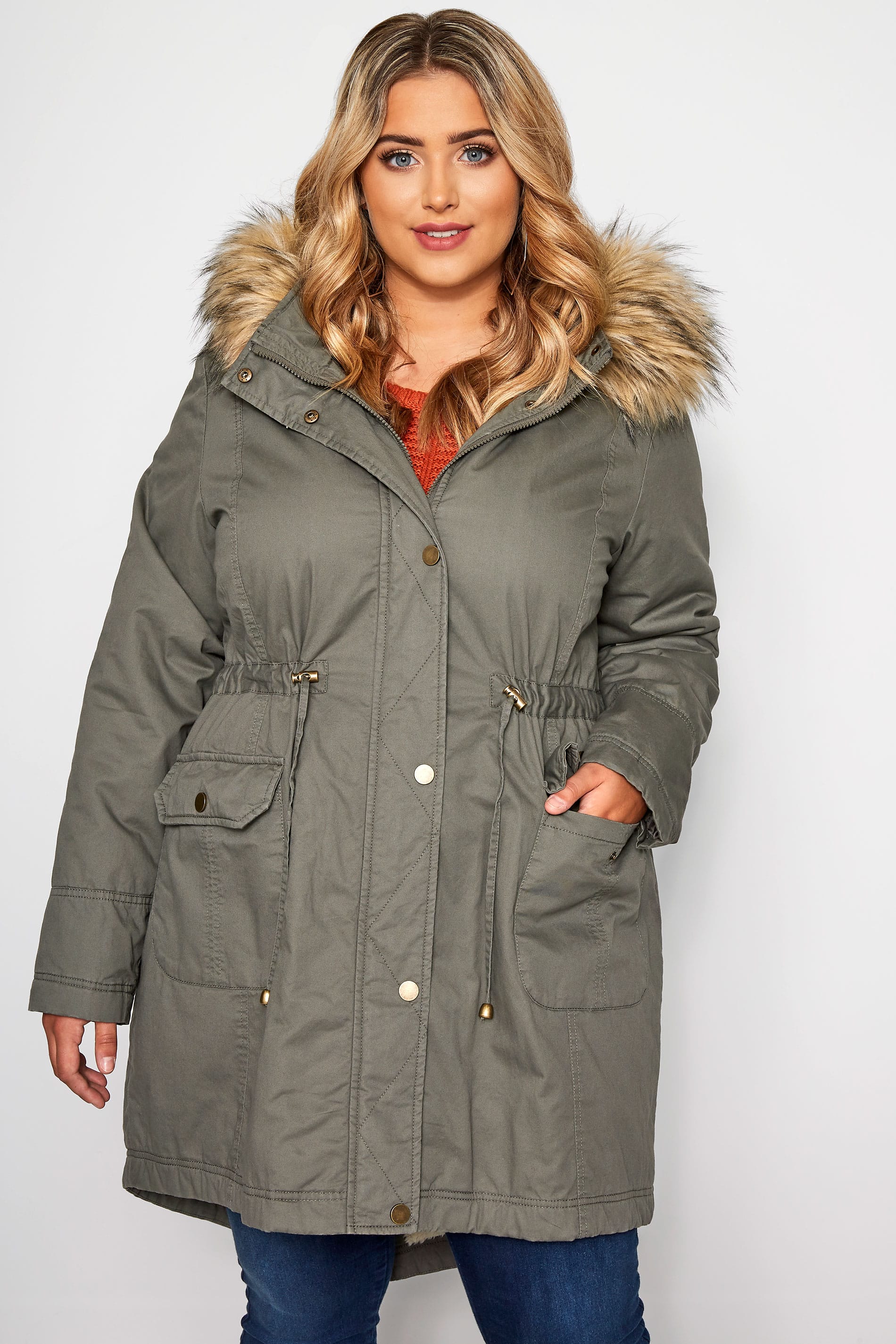 Plus Size Khaki Fleece Lined Faux Fur Hooded Parka YC