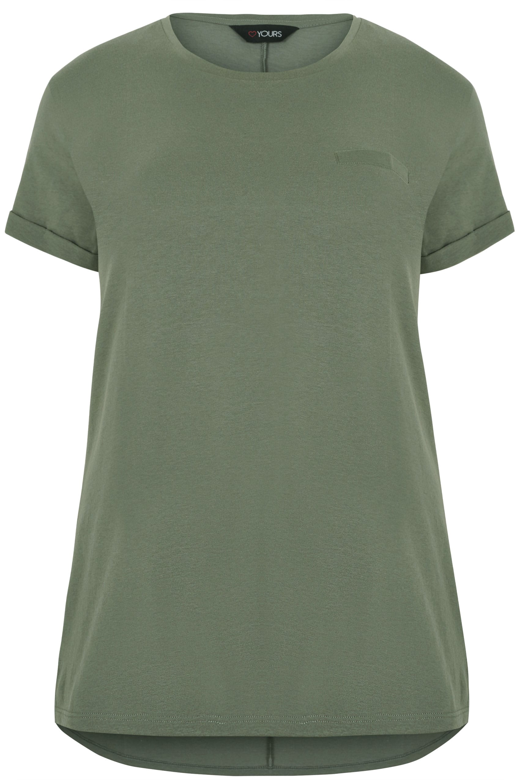 Khaki Green Mock Pocket T-Shirt With Curved Hem, Plus size 16 to 36