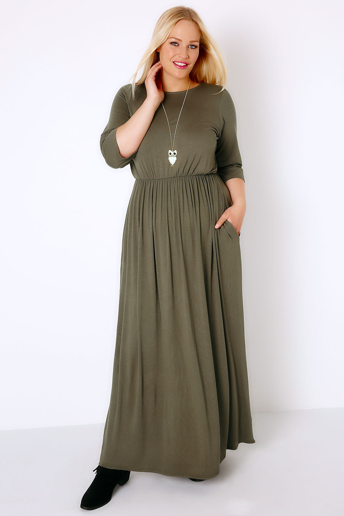 Khaki Jersey Maxi Dress With Ruched Waist, Plus size 16 to 32