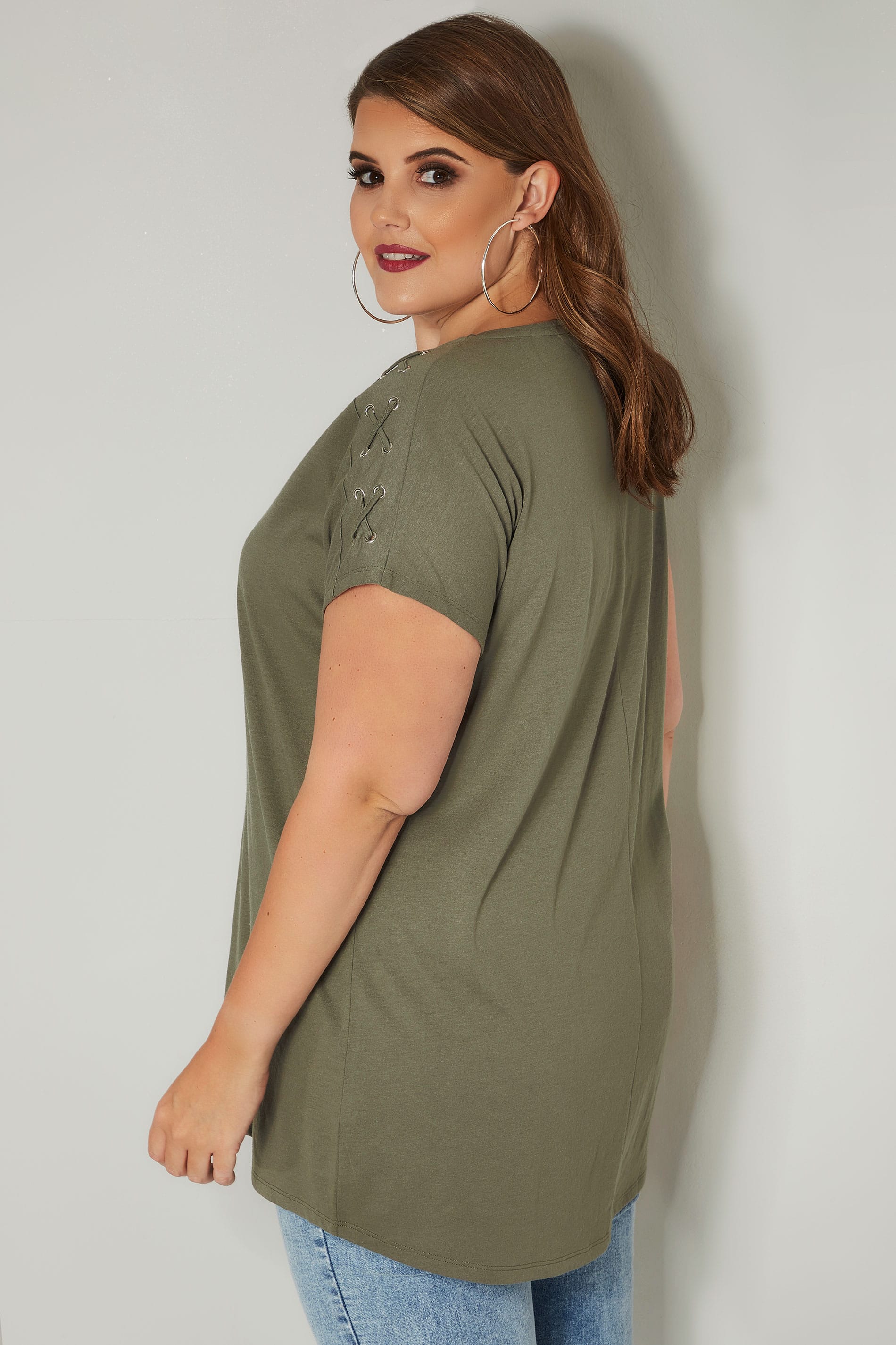 Khaki Jersey Top With Lace Eyelet Details, plus size 16 to 36
