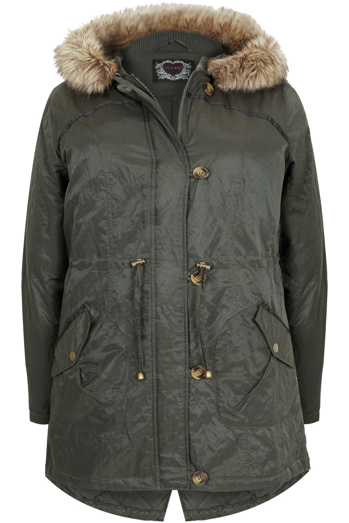 Khaki Metallic Parka Coat With Faux Fur Hood Plus Size 16 to 36