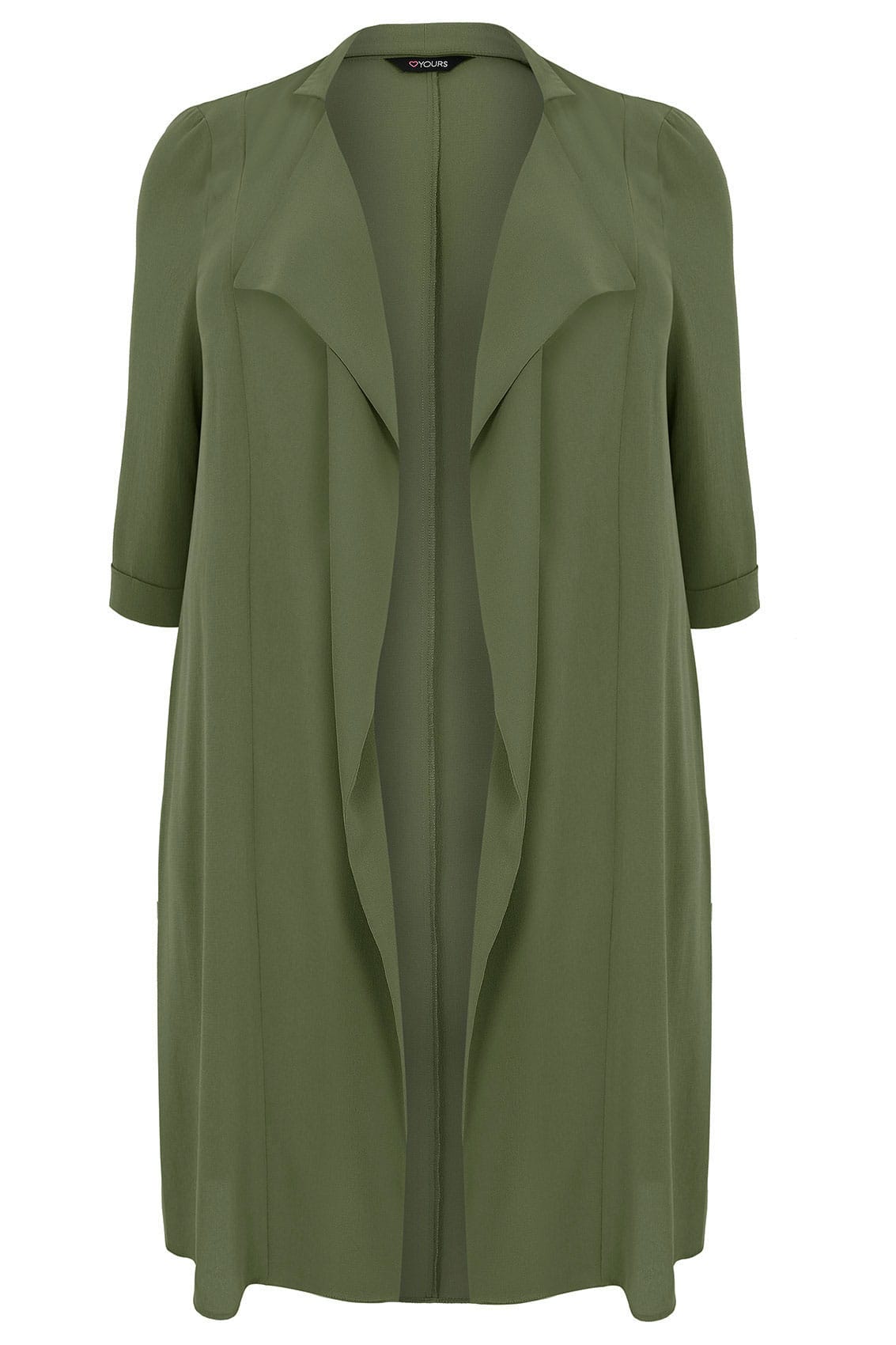 Khaki Panelled Duster Jacket With Waterfall Front & Half Sleeves Plus ...