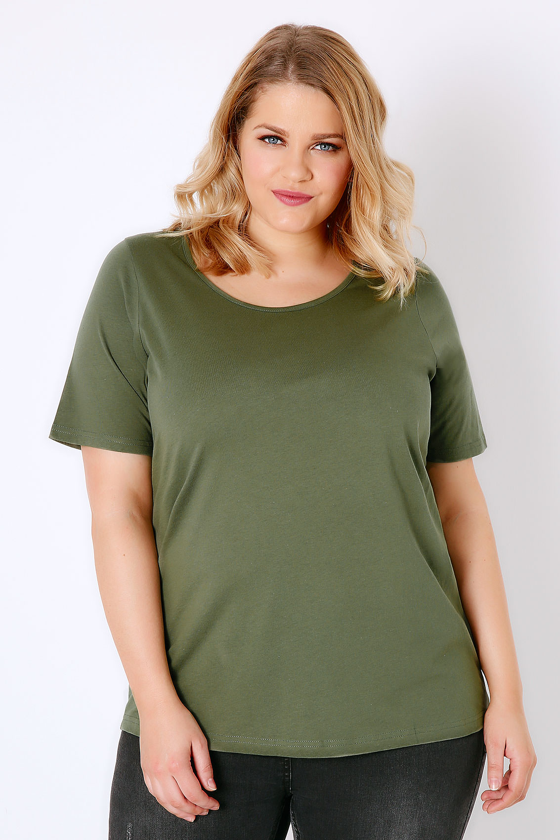 Khaki Scoop Neck Basic T-Shirt, Plus size 16 to 36