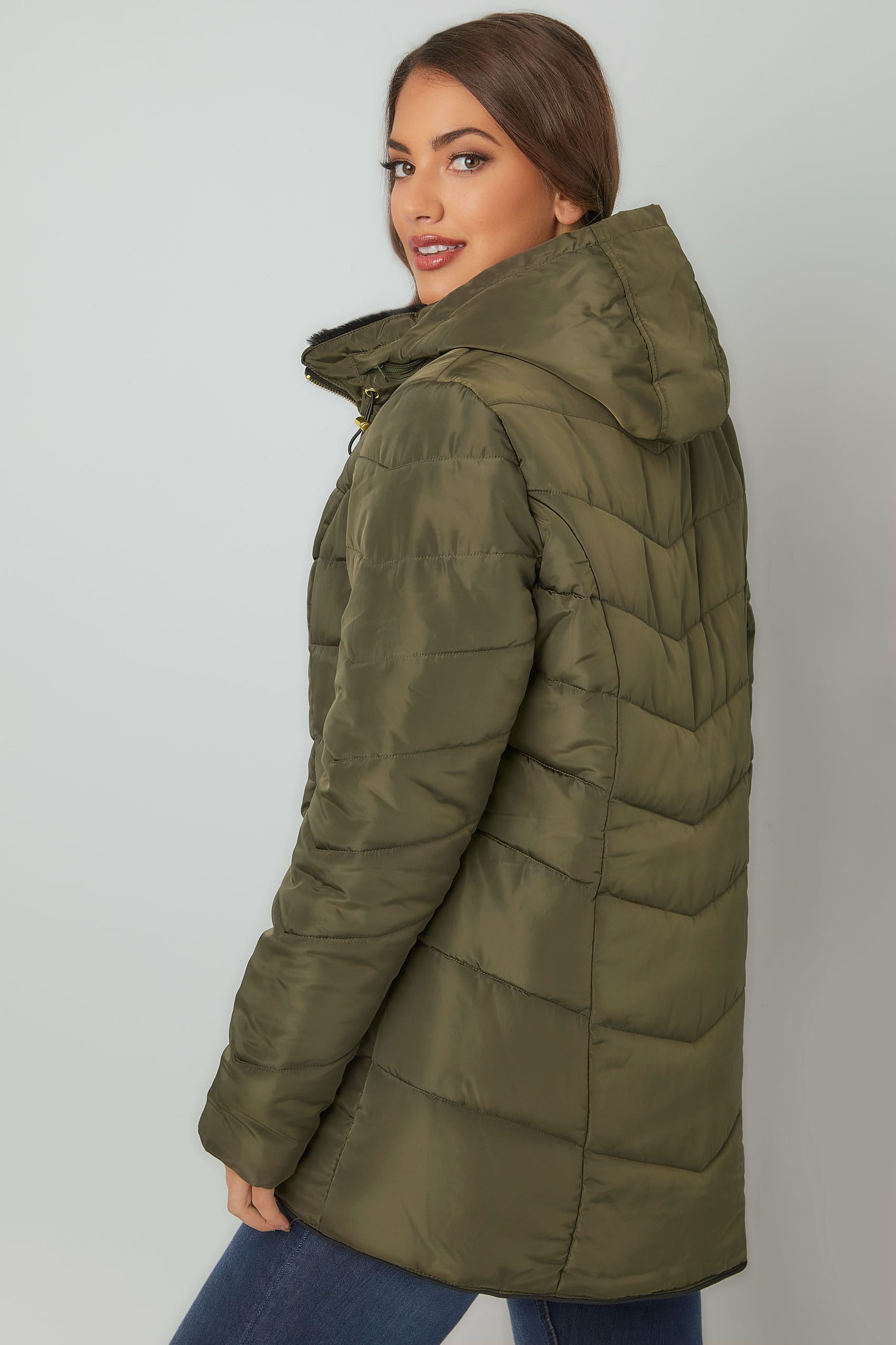 Khaki Short Quilted Puffer Jacket With Foldaway Hood, Plus size 16 to 32